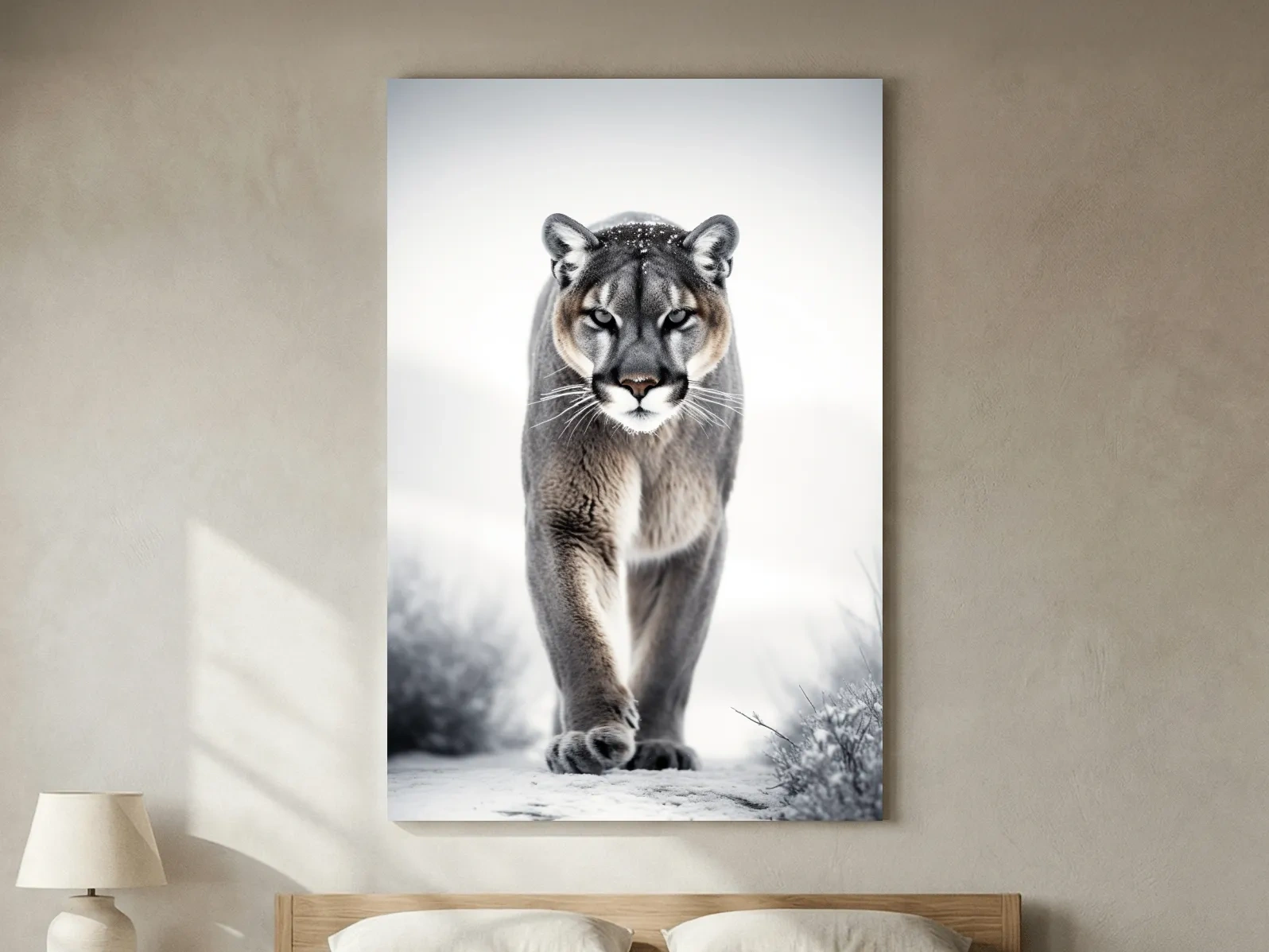 Snowy Cougar Close Up Wildlife Portrait - Winter Nature Wall Art