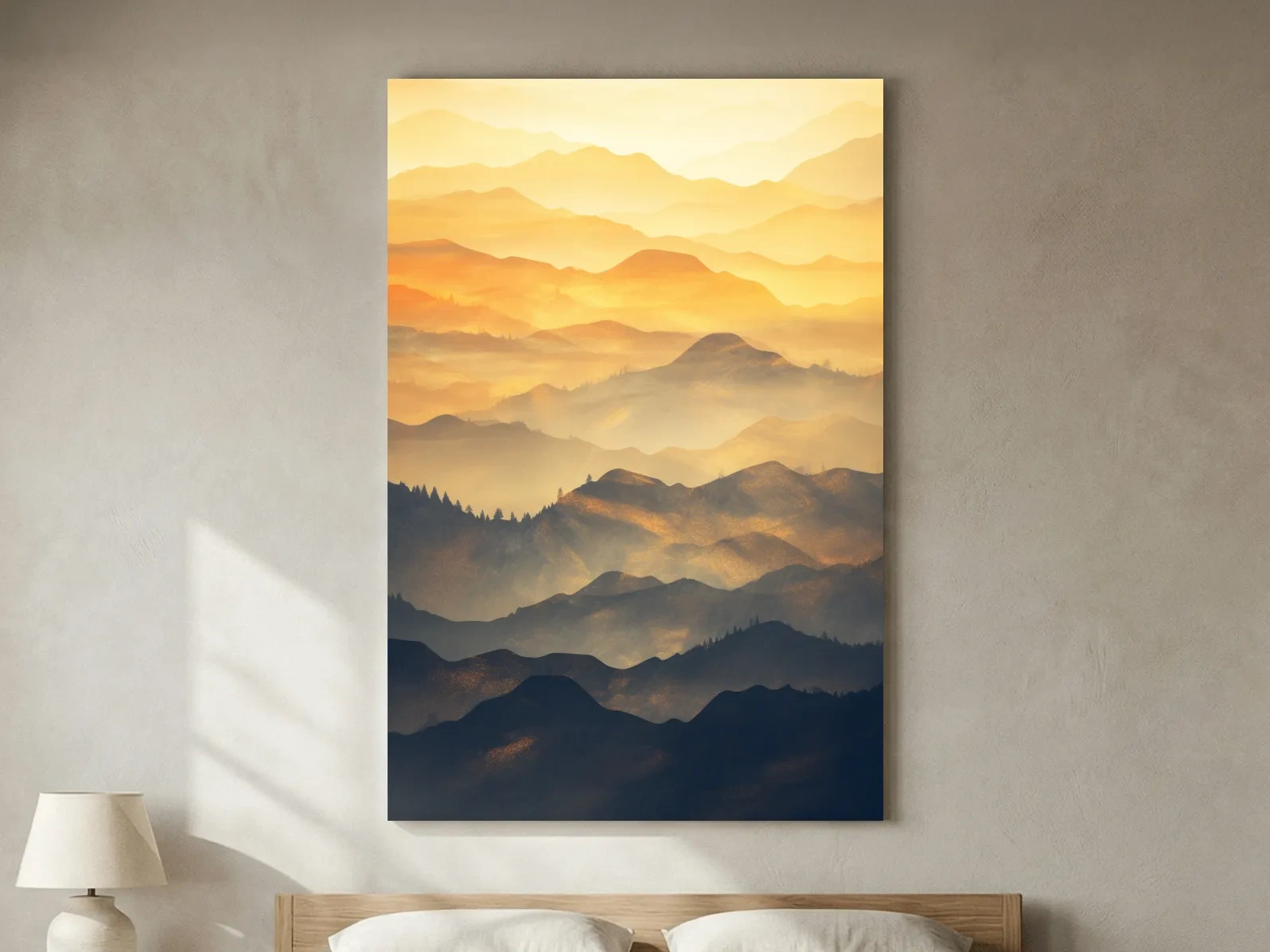 Golden Misty Mountain Ranges Landscape - Serene Layered Sunrise Artwork