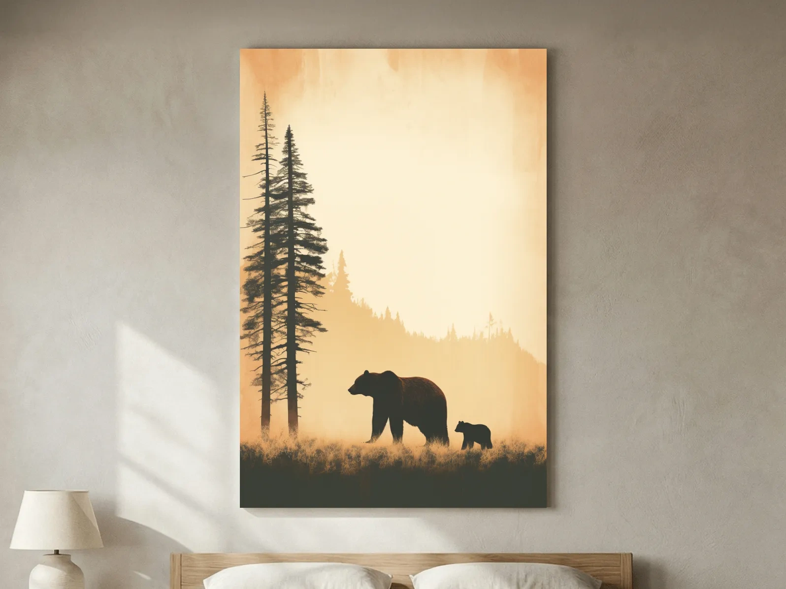 Grizzly Bear And Cub Silhouettes - Misty Forest Minimalist Wall Art