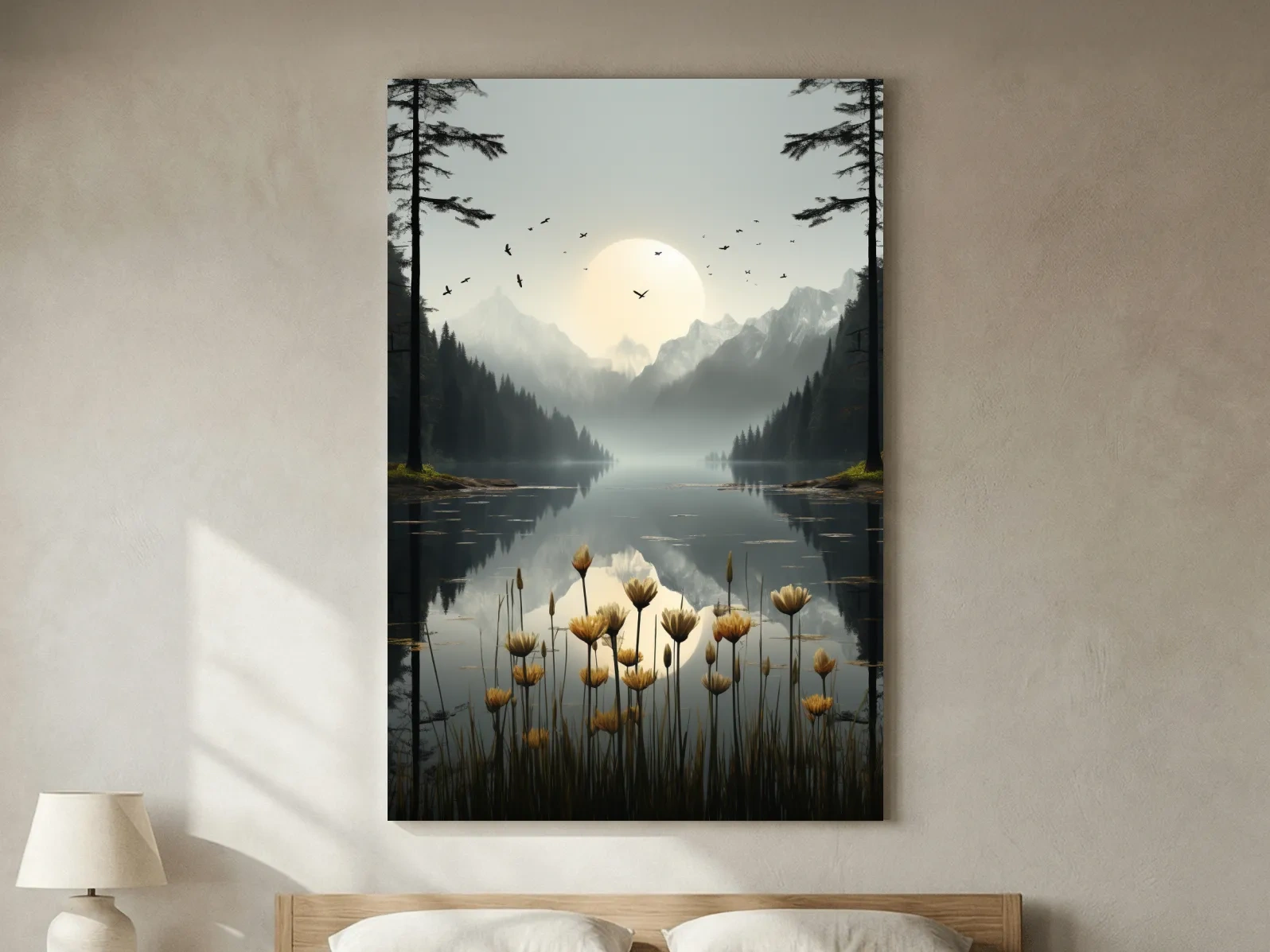 Misty Alpine Lake Sunrise With Wildflowers - Serene Mountain Landscape Wall Art