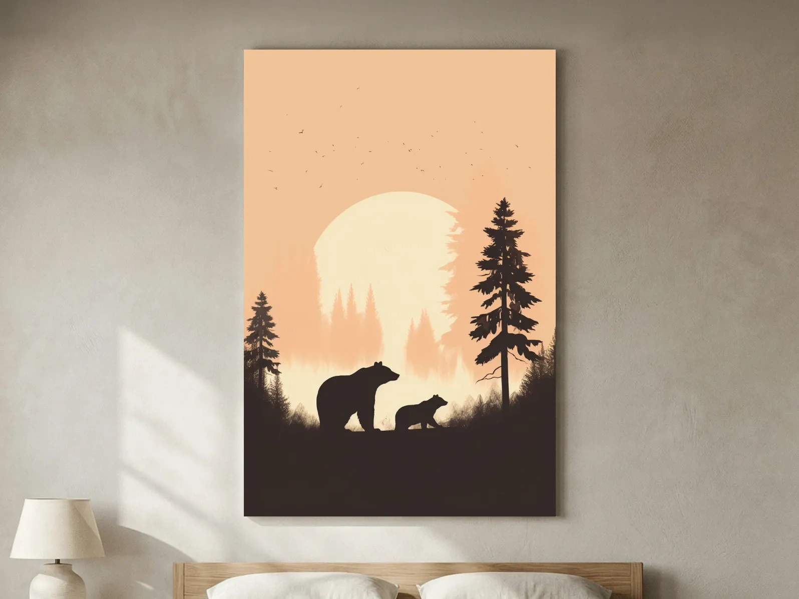 Momma Bear & Cub Silhouettes At Sunset - Minimalist Forest Wildlife Wall Art