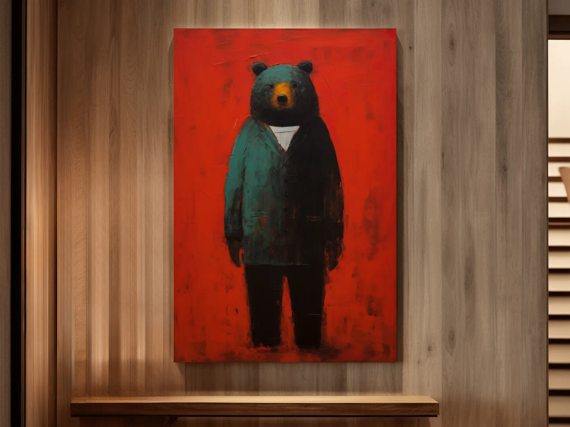 Bear wearing a suit, expressive textured painting
