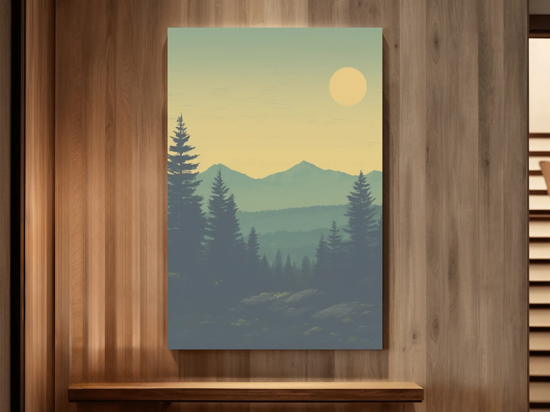 Minimalist Hazy Mountain Sunrise Landscape - Serene Alpine Forest Wall Art