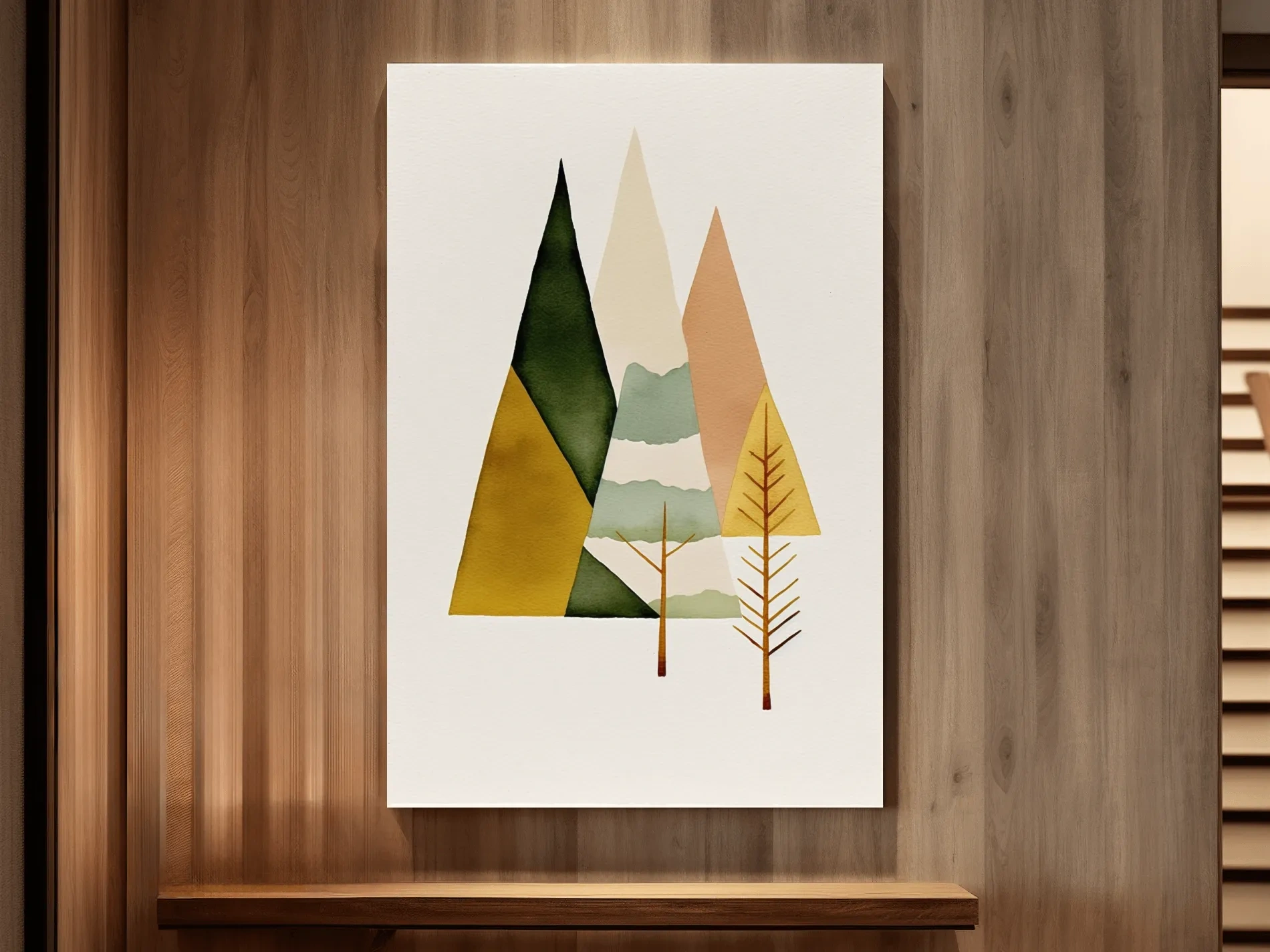 Minimalist Scandinavian Geometric Mountains - Modern Watercolor Forest Landscape Wall Art