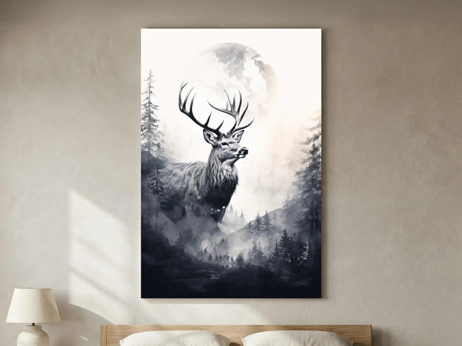 Deer and forest artwork drawing, double exposure style