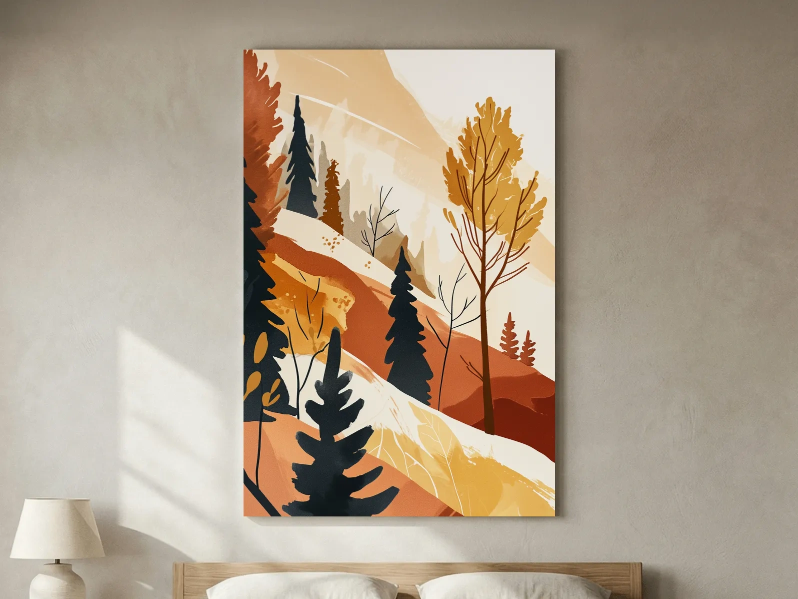 Minimalist Autumn Mountain Forest Landscape - Warm Scandinavian Wall Art