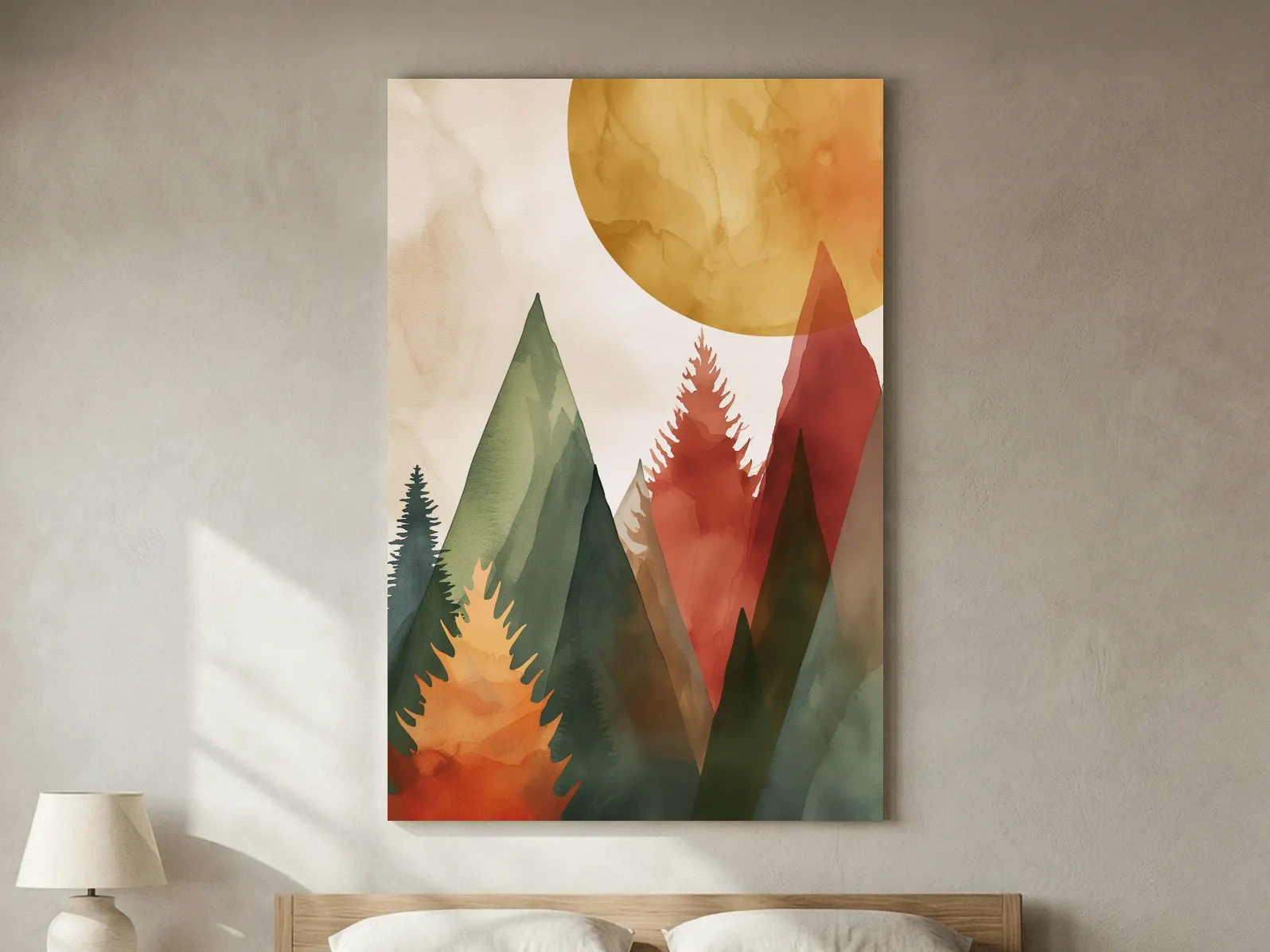 Rustic Watercolor Mountain Forest Sunrise - Modern Minimalist Wall Art