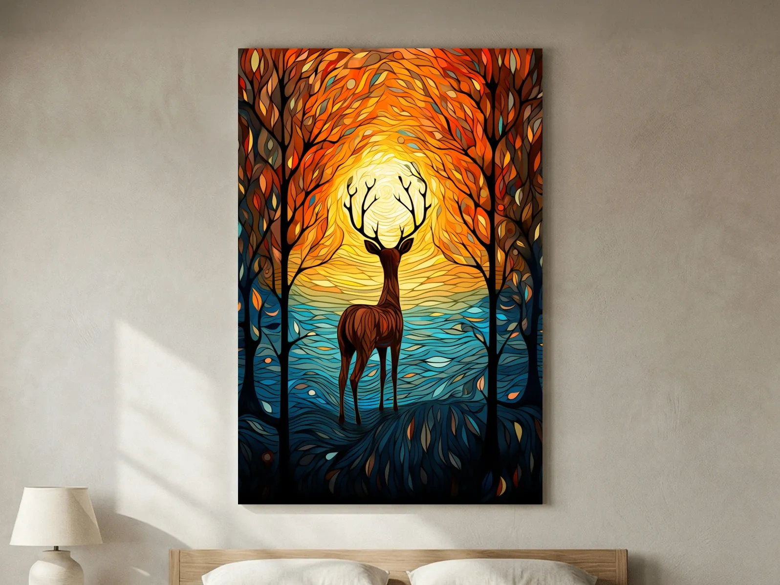 Glowing Autumn Forest Deer Silhouette - Vibrant Stained Glass Style Wall Art