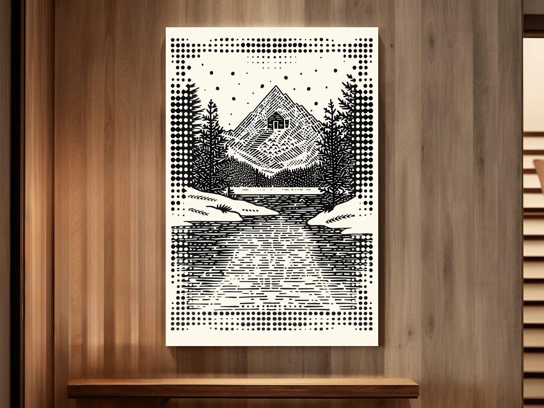 Alpine cabin artwork, linocut style optical illusion art