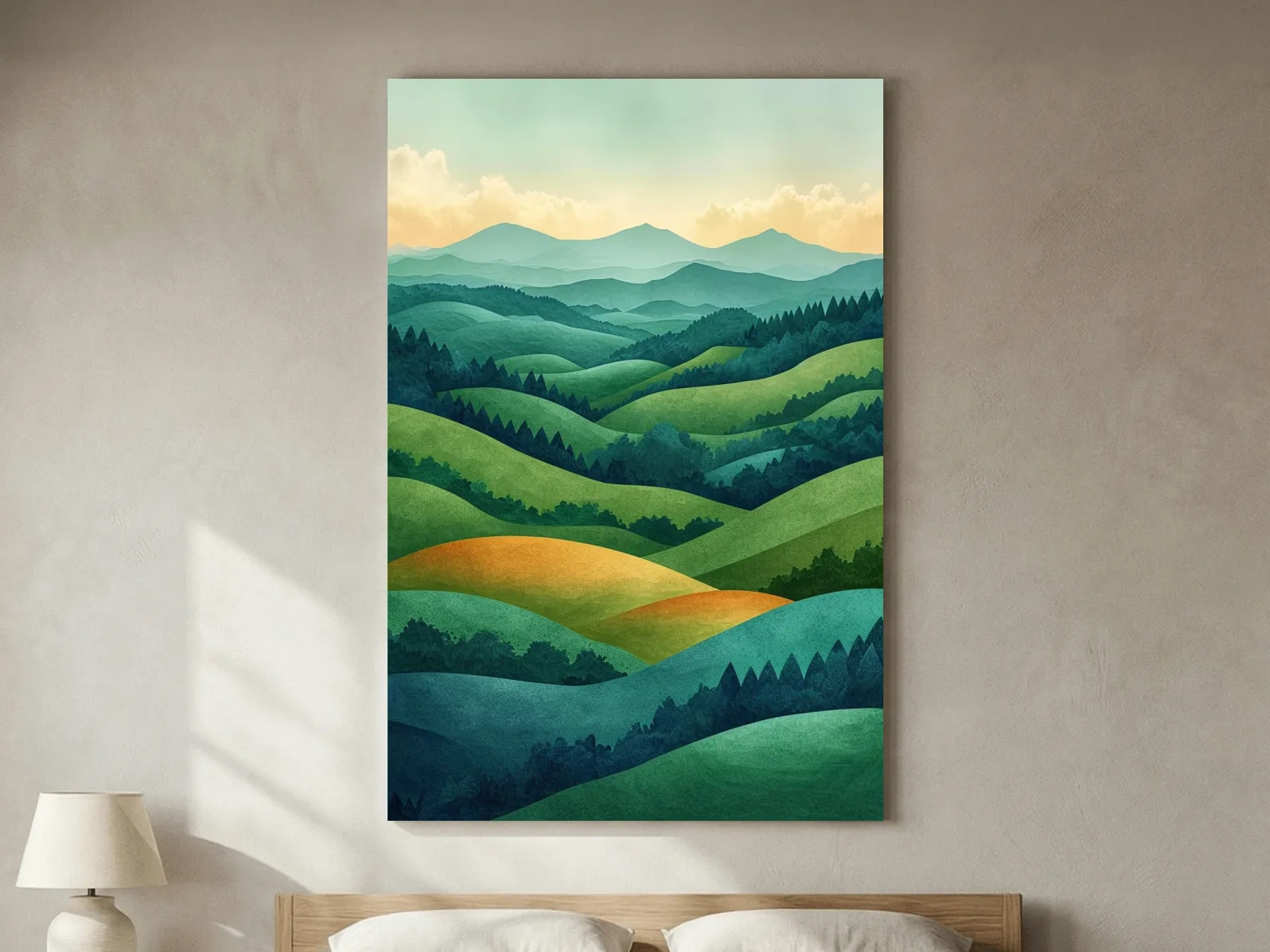 Layered Emerald Rolling Hills Landscape - Serene Scandinavian Nature Wall Art