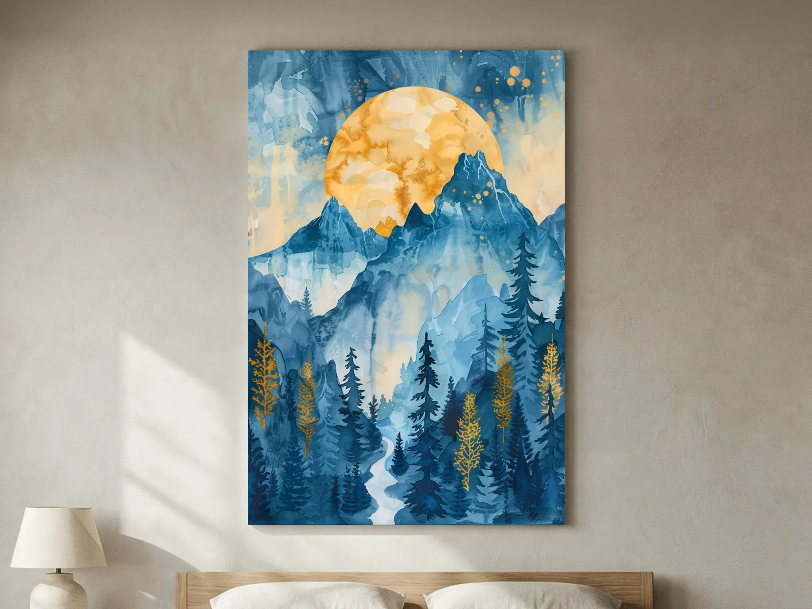 Alpine Sunset Watercolor Painting - Mountain Forest Landscape Wall Art