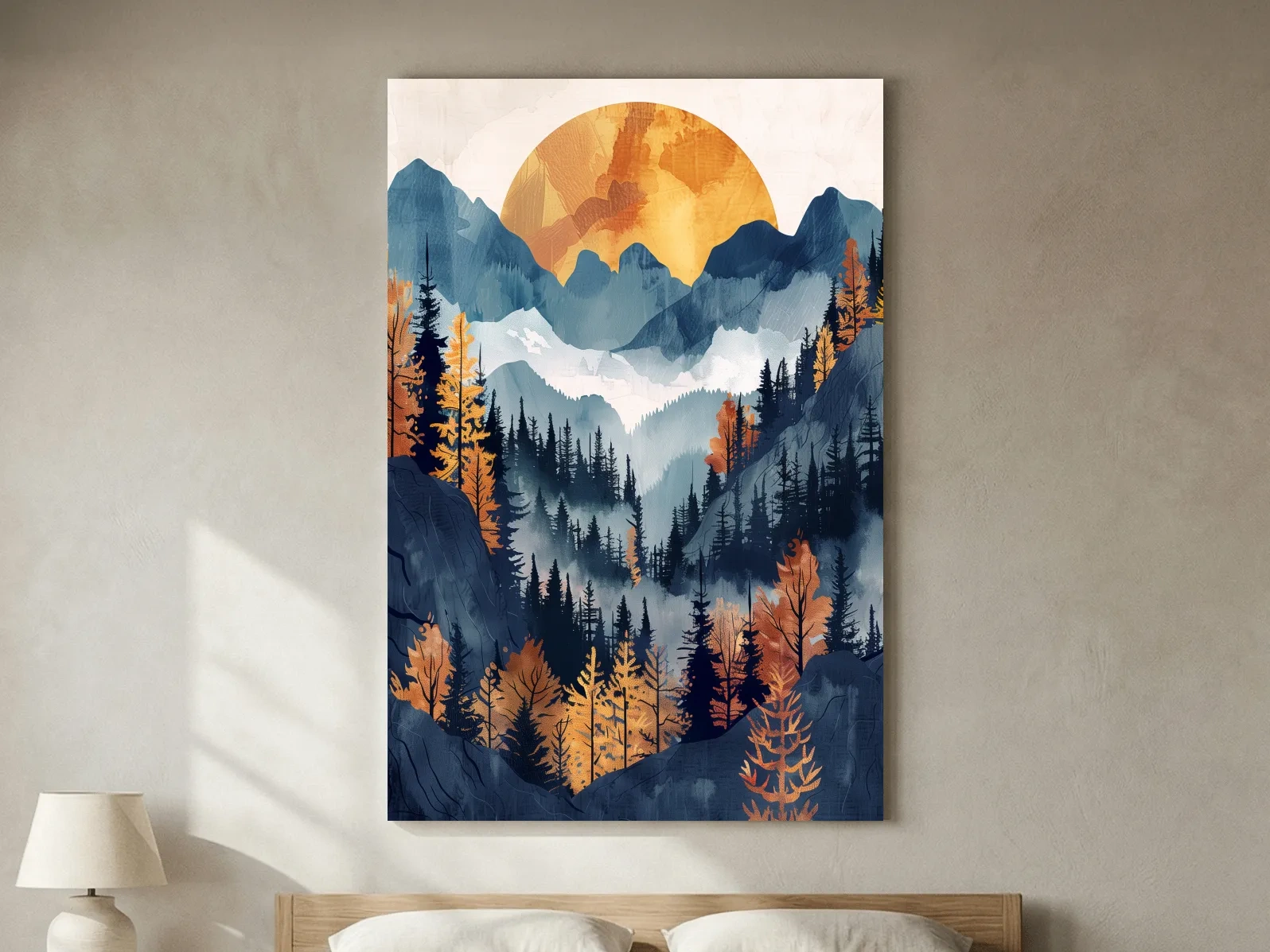Foggy Autumn Alpine Forest Sunset - Modern Watercolor Mountain Wall Art