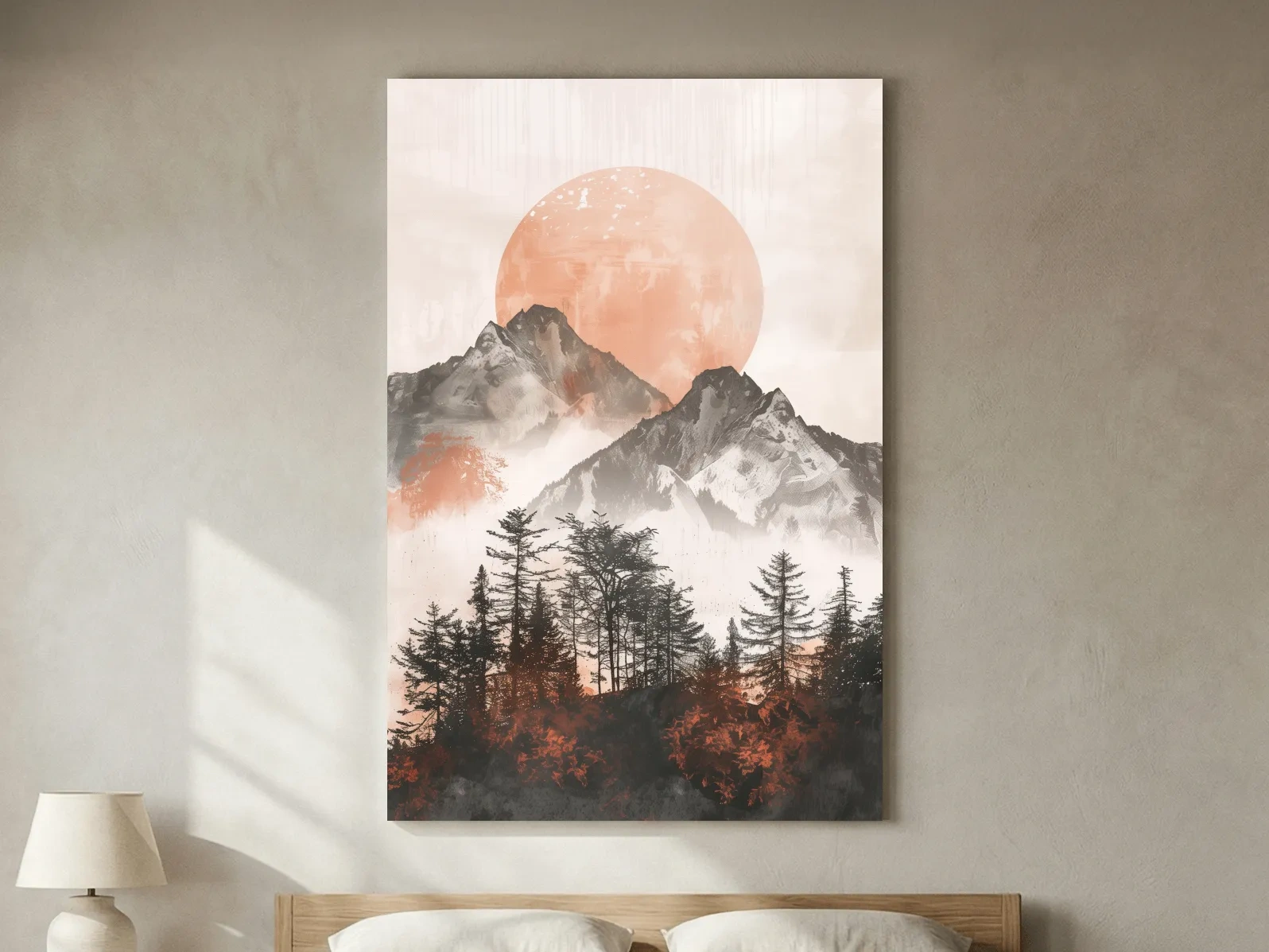 Japandi Mountain Sunrise With Pine Forest - Minimalist Watercolor Landscape Art