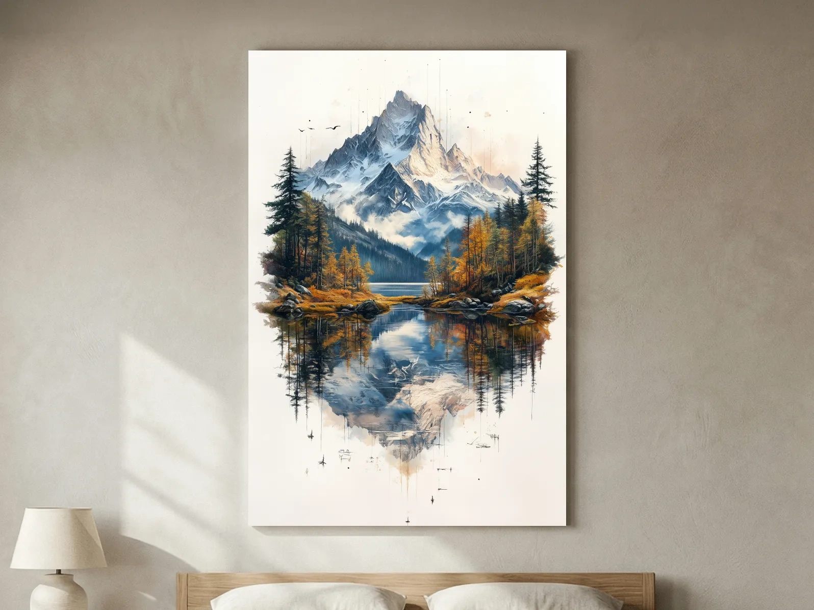 Misty Alpine Mountain Lake Painting - Autumn Pine Forest Tattoo Style Wall Art