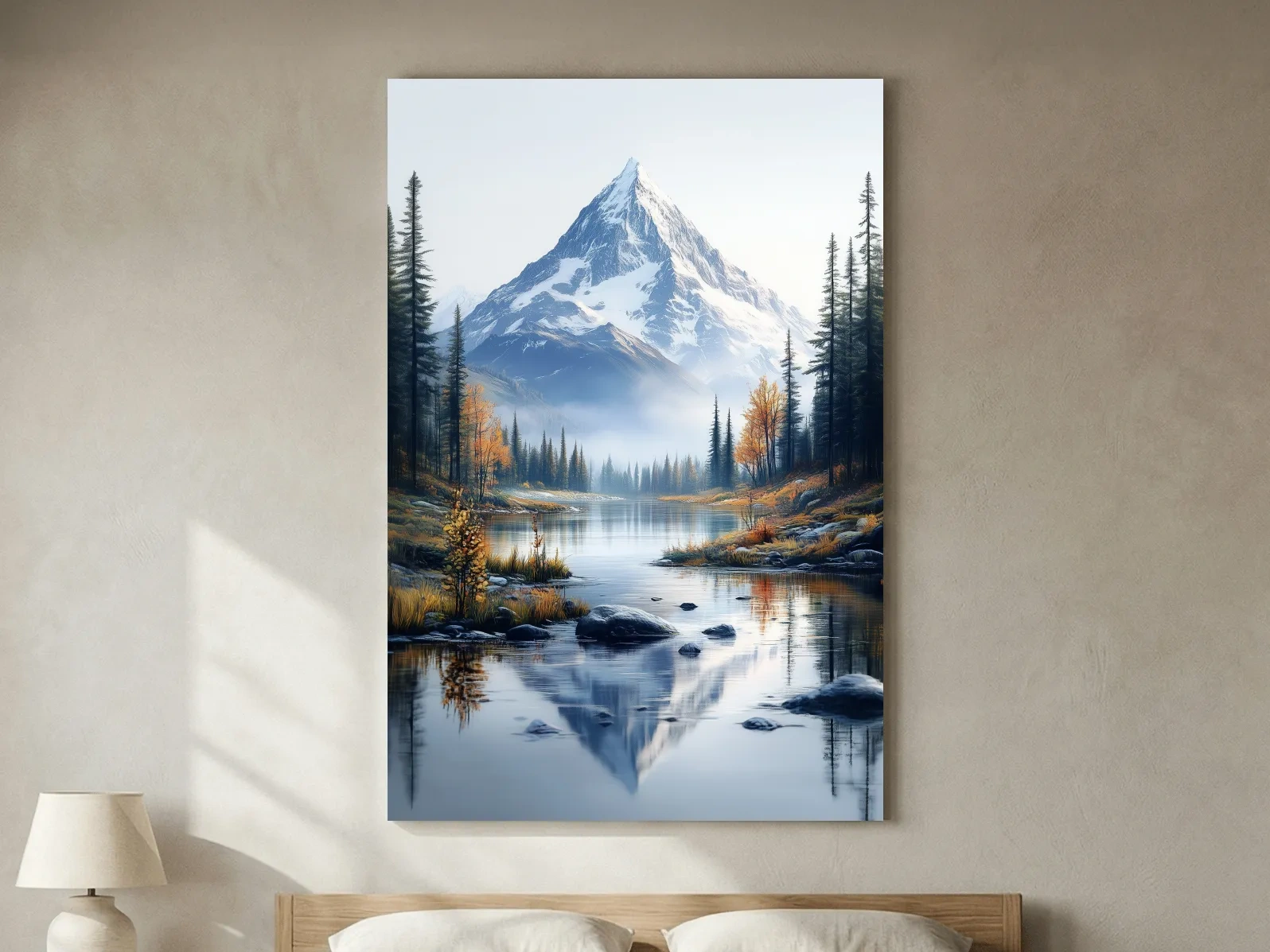 Majestic Snowcapped Mountain Lake Artwork - Serene Alpine Meadows Wall Art