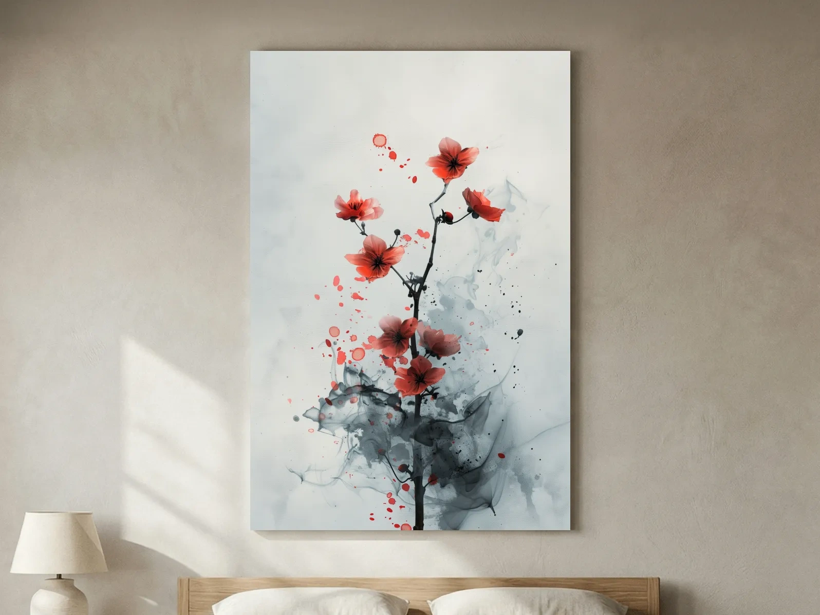 Red Cherry Blossom Ink Wash Painting - Minimalist Floral Wall Art