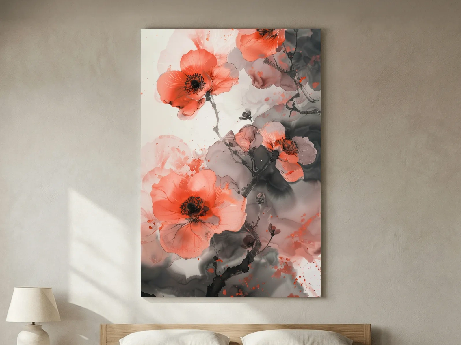Poppy Blossom Ink Wash Painting - Floral Botanical Watercolor Artwork