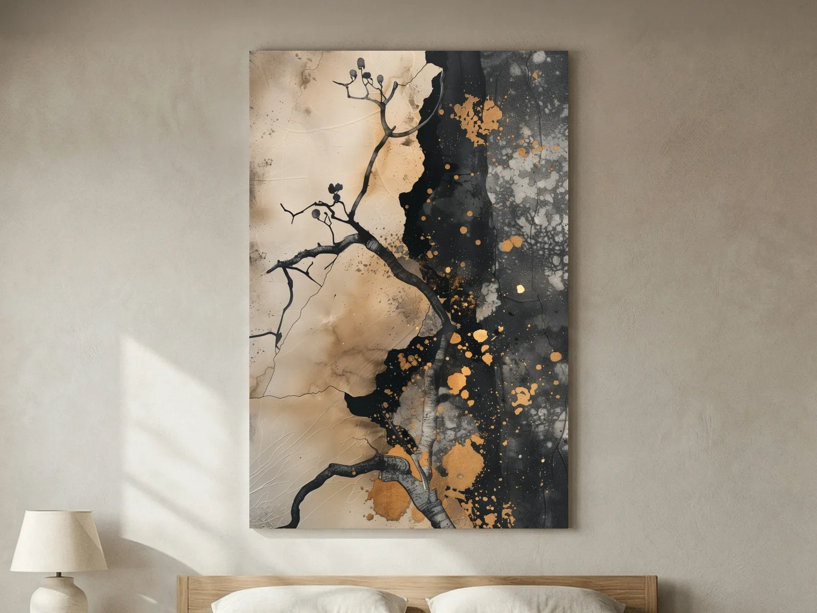 Ink Branch Silhouette With Gold Splatter - Modern Japandi Abstract Wall Art