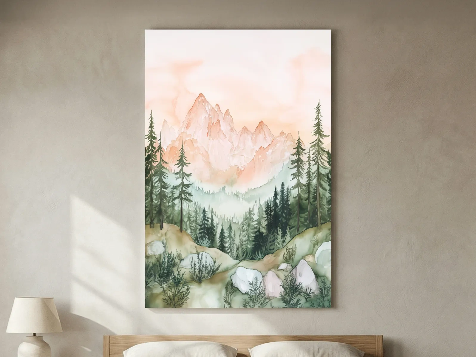 Pastel Watercolor Mountain Peaks & Pine Forest - Serene Alpine Landscape Artwork