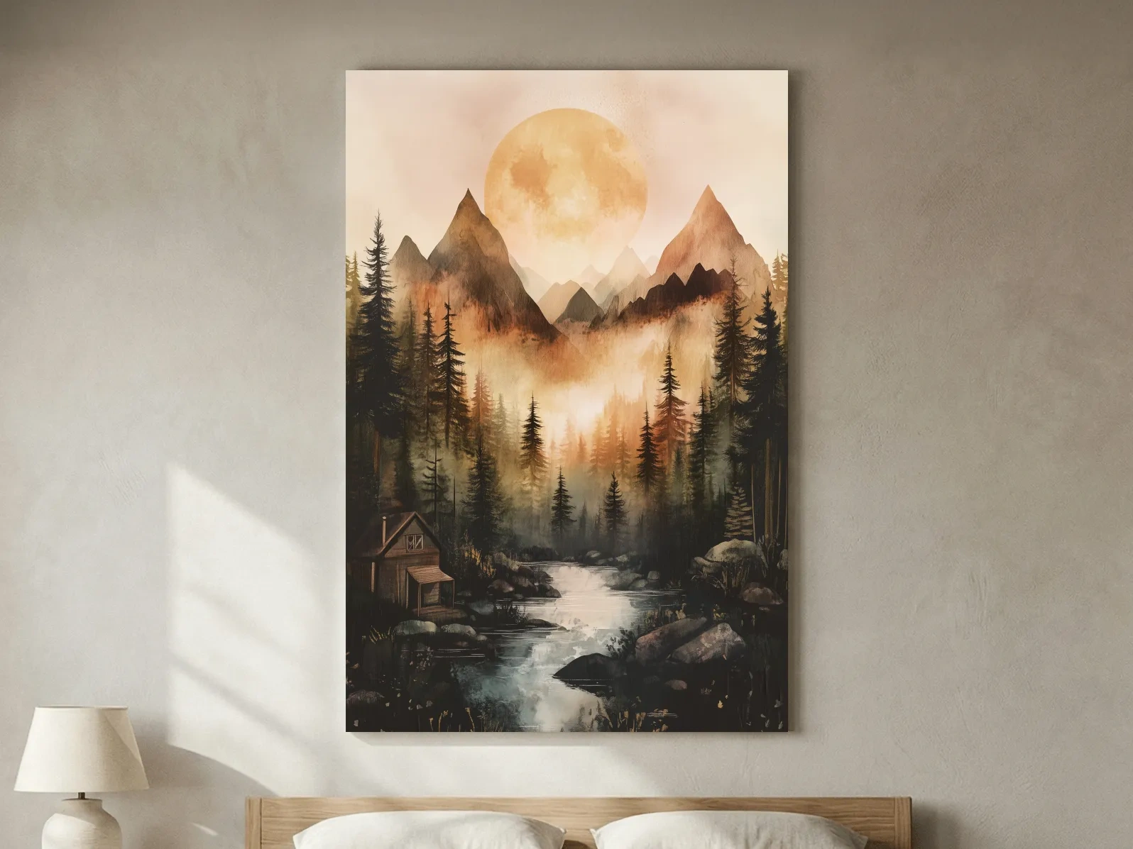 Misty Mountain River Cabin Watercolor - Rustic Forest Wall Art