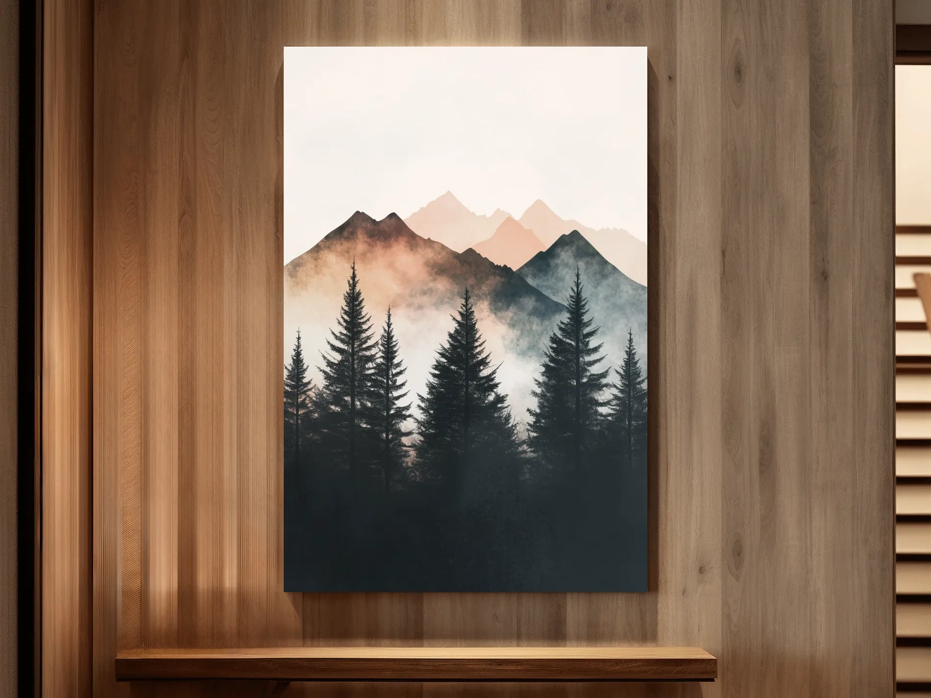 Foggy alpine forest watercolor painting, mountain art