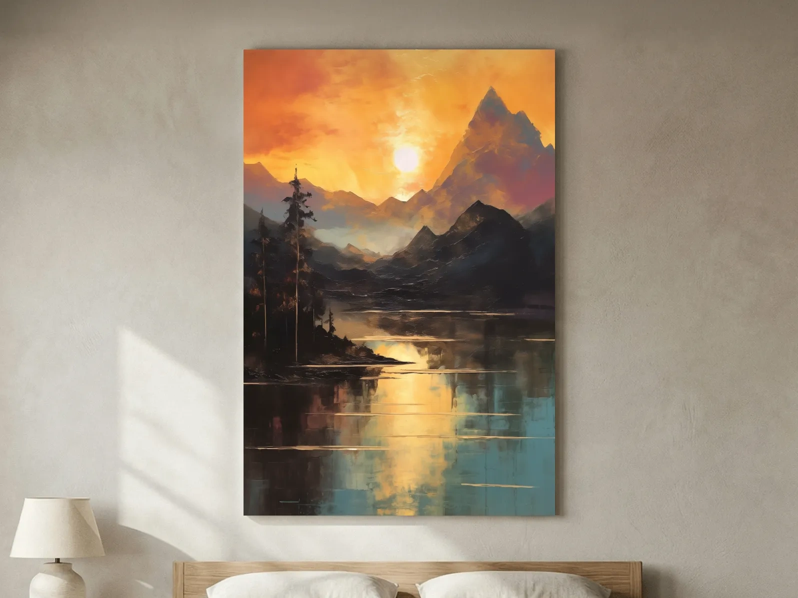 Golden Sunset Alpine Lake Reflection - Mountain Oil Painting Wall Art
