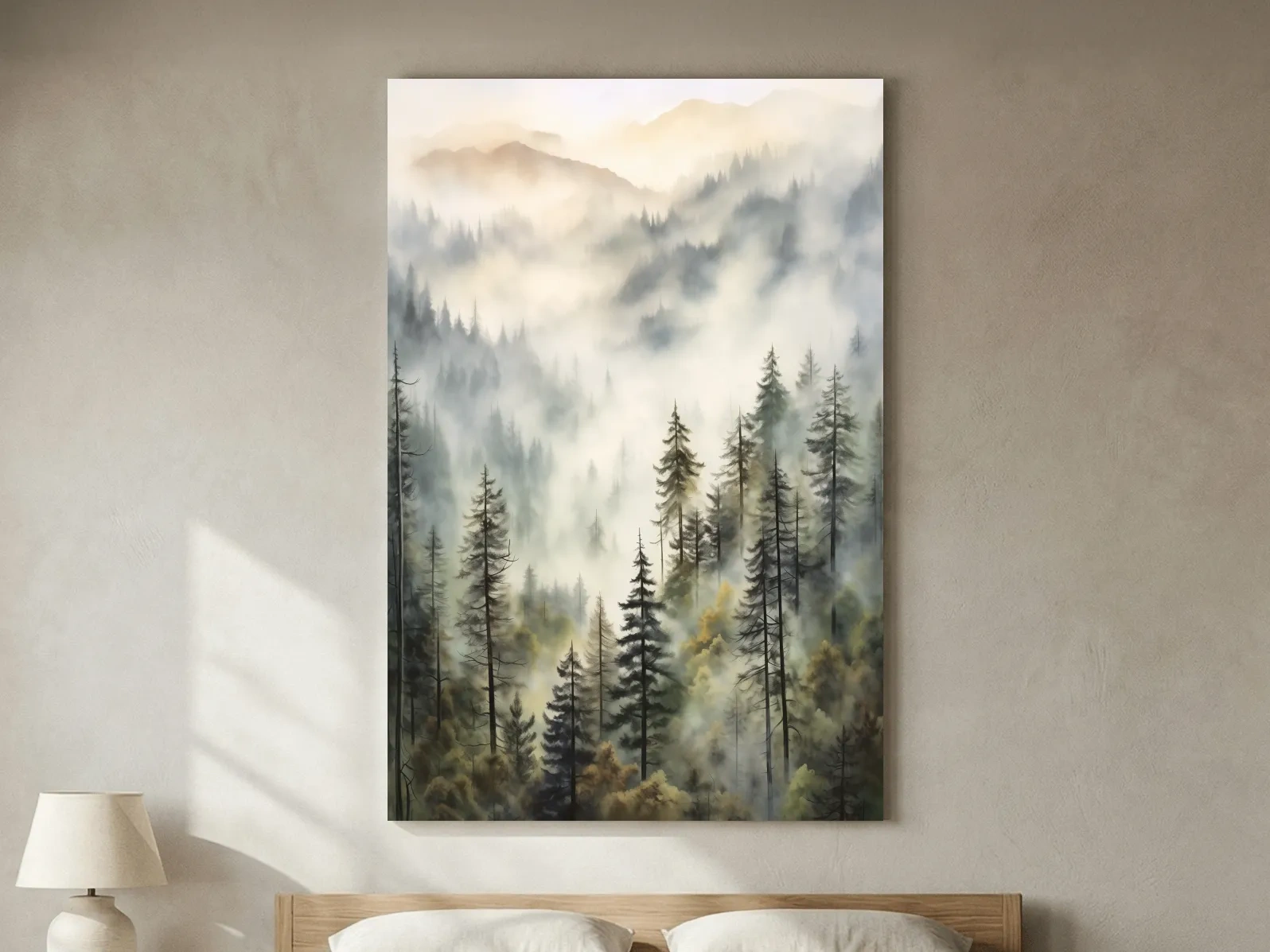 Misty Pine Forest Mountains Watercolor - Serene Foggy Landscape Wall Art