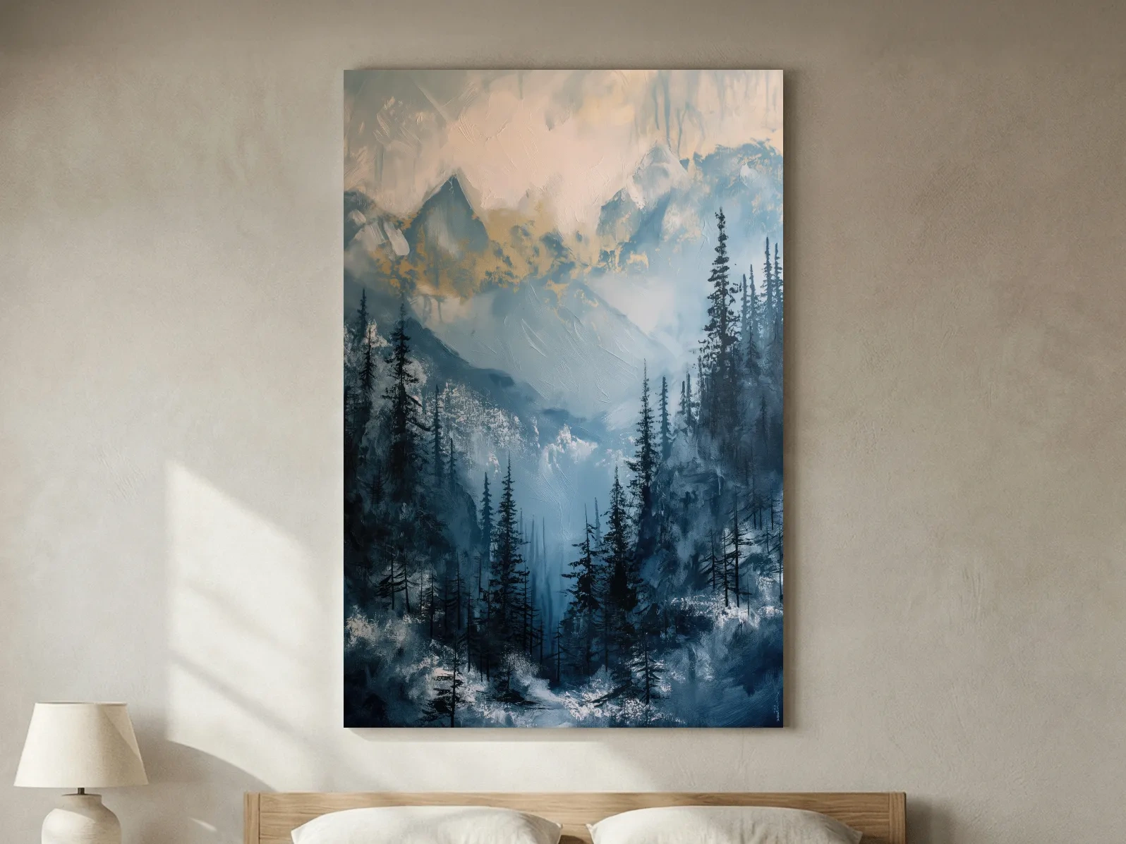 Moody Misty Blue Mountain Forest Painting - Alpine Landscape Wall Art