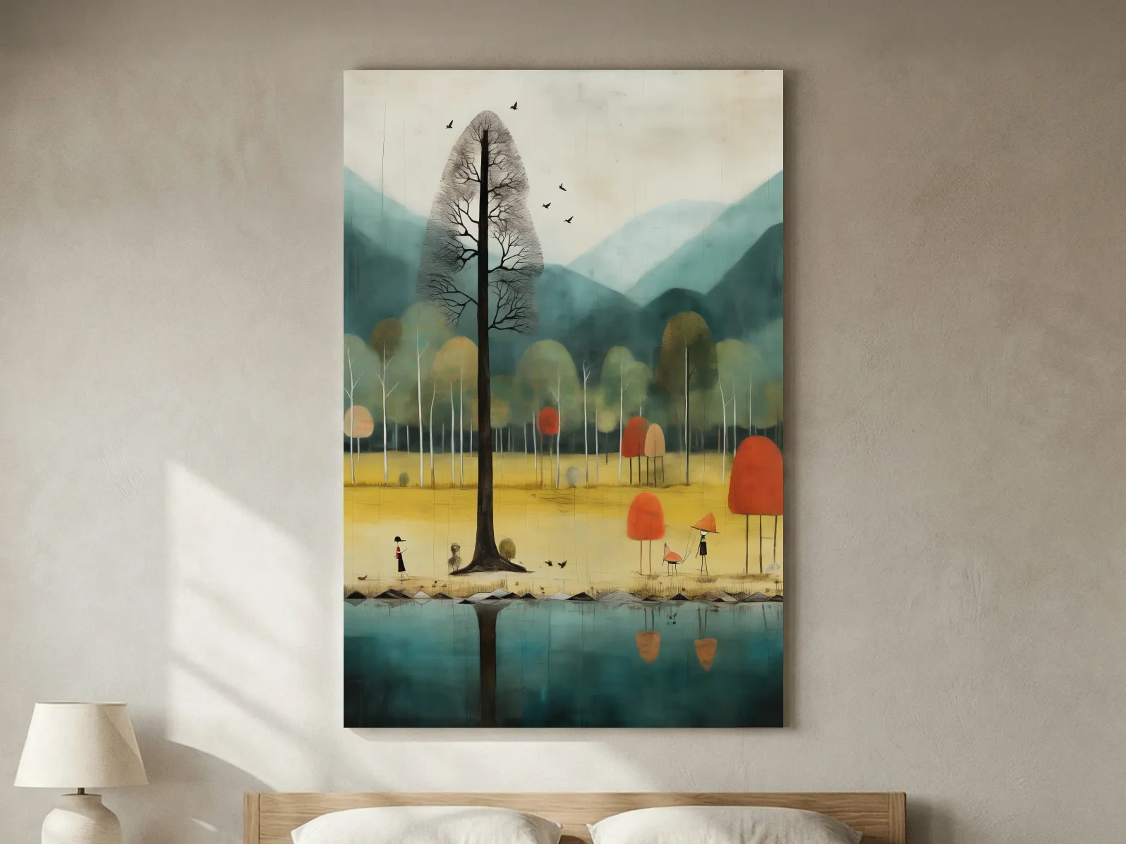 Whimsical Autumn Forest Lake Landscape - Quirky Nature Wall Art
