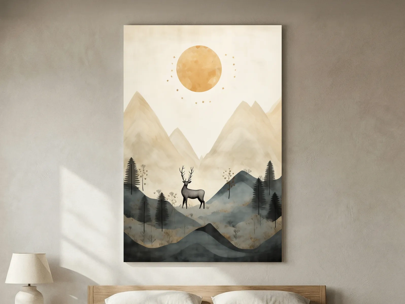 Boho Deer In Misty Mountains - Woodland Landscape Wall Art