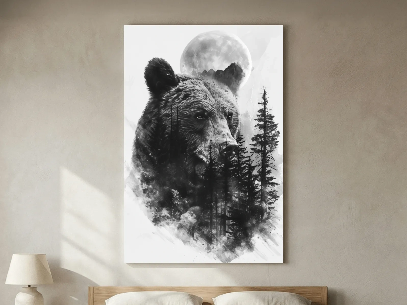 Grizzly Bear Moon Forest Drawing - Black And White Double Exposure Wildlife Wall Art