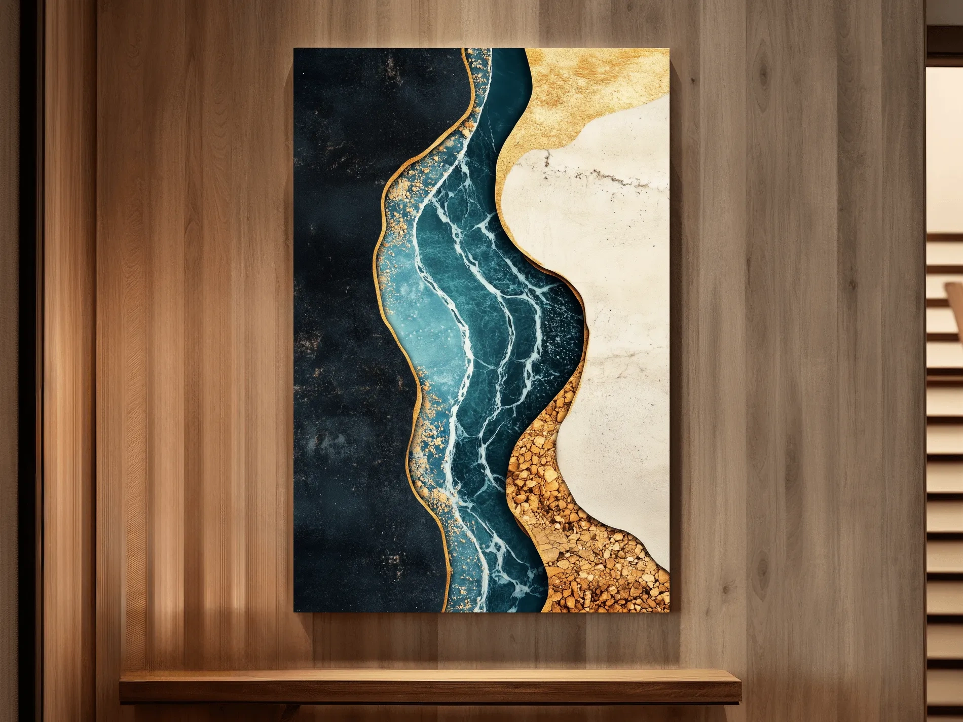 Fluid elegant artwork, blue marble river flowing through textured earth tones