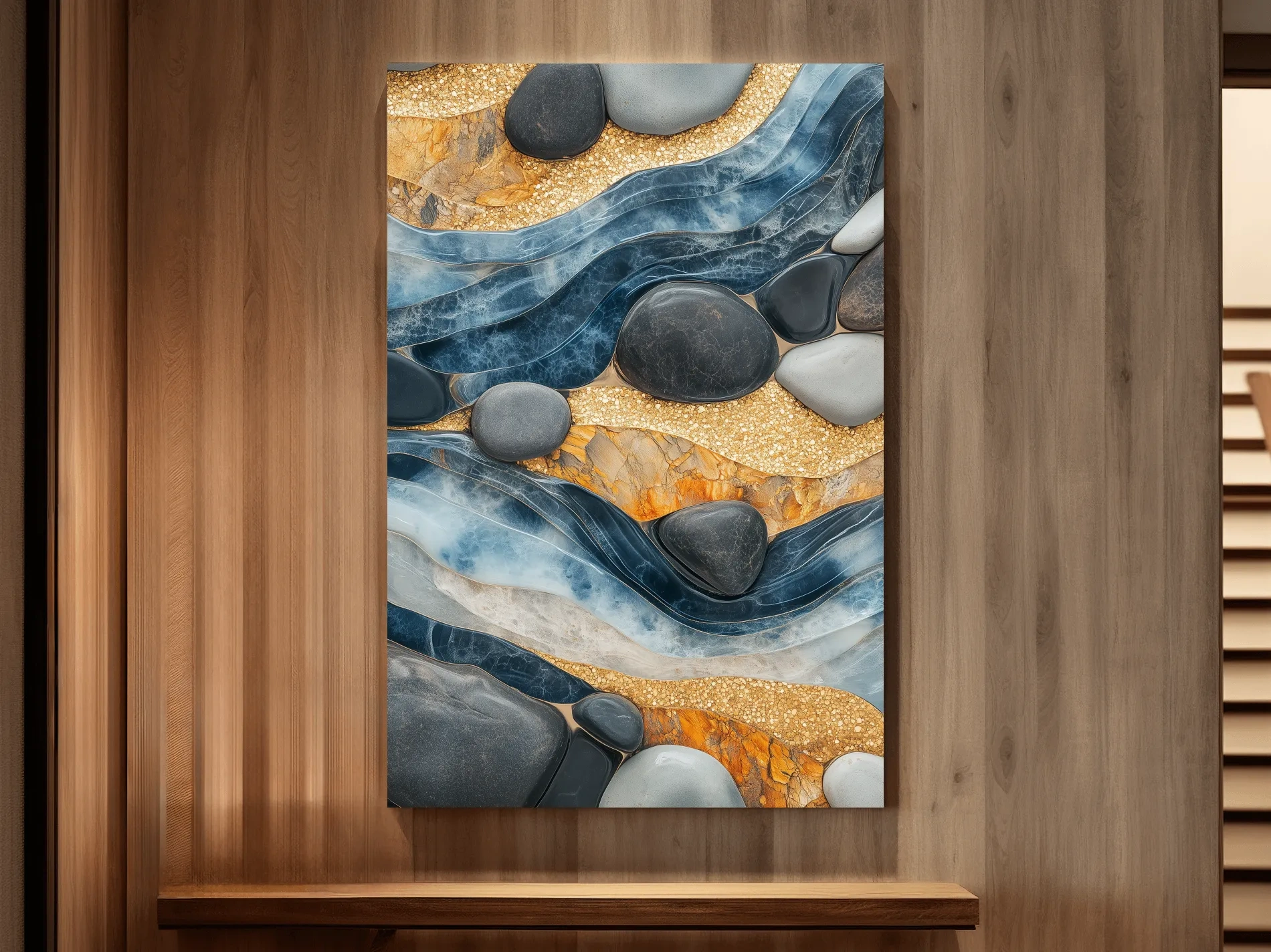 Natural stone and river rock wall artwork, abstract layered design