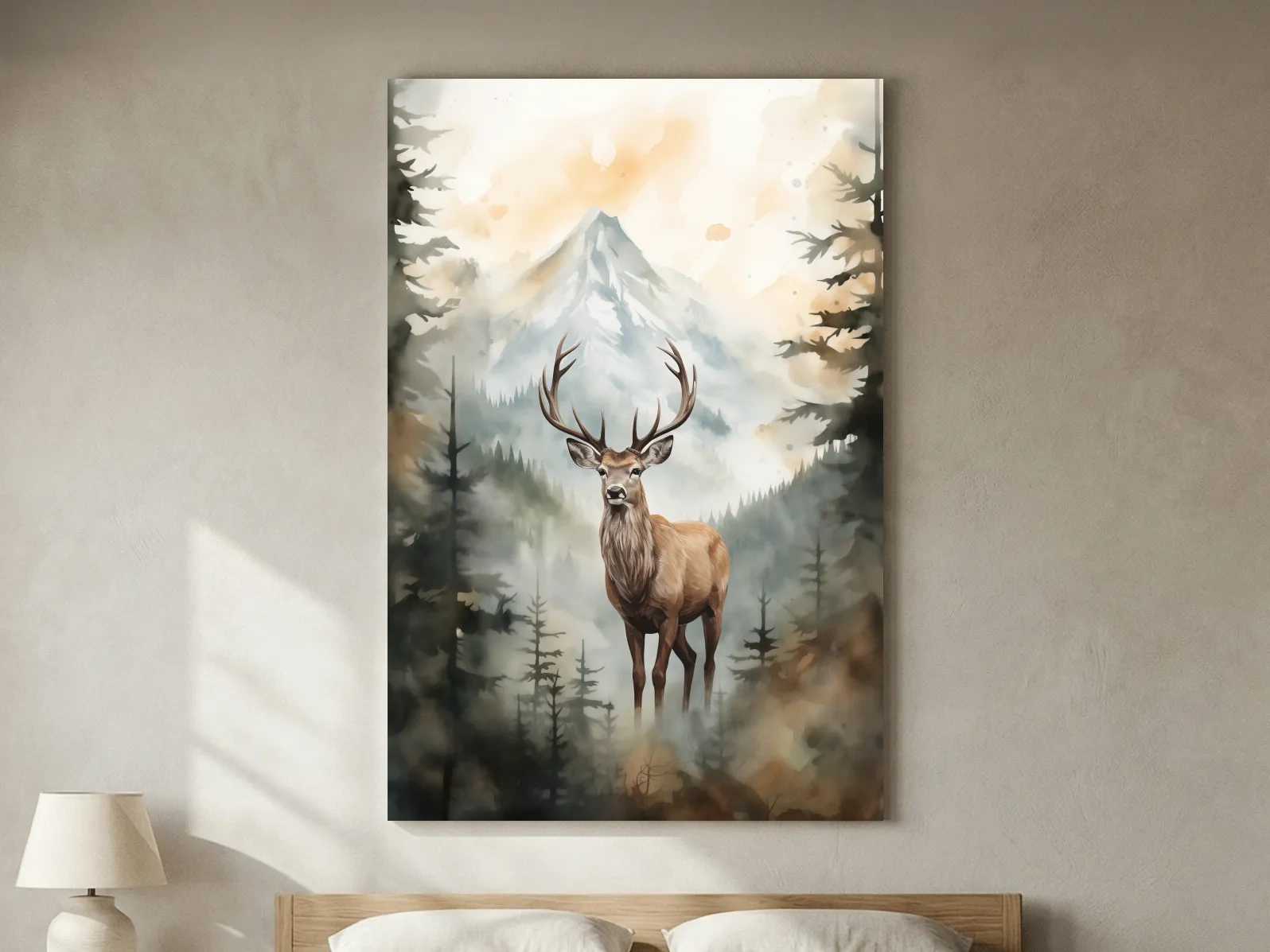Watercolor Stag In Misty Mountain Forest - Serene Wildlife Wall Art