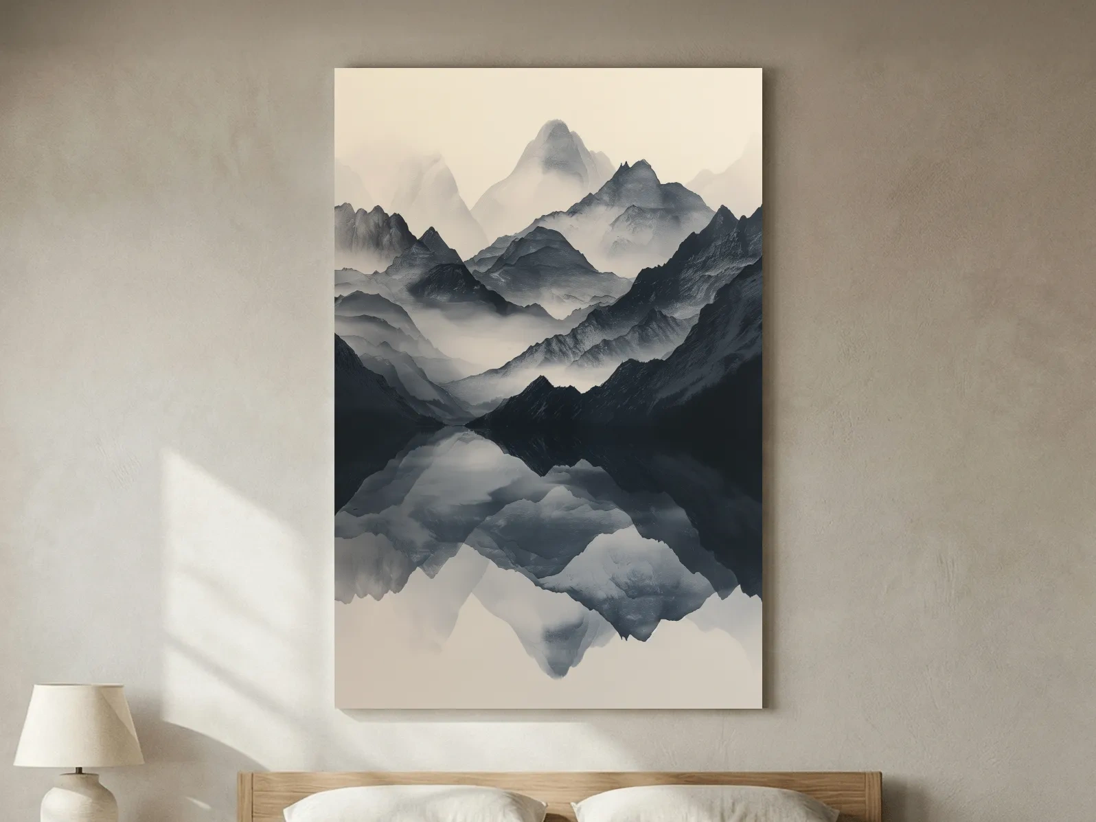 Monochrome Misty Mountain Reflection Landscape - Minimalist Japandi Wall Art