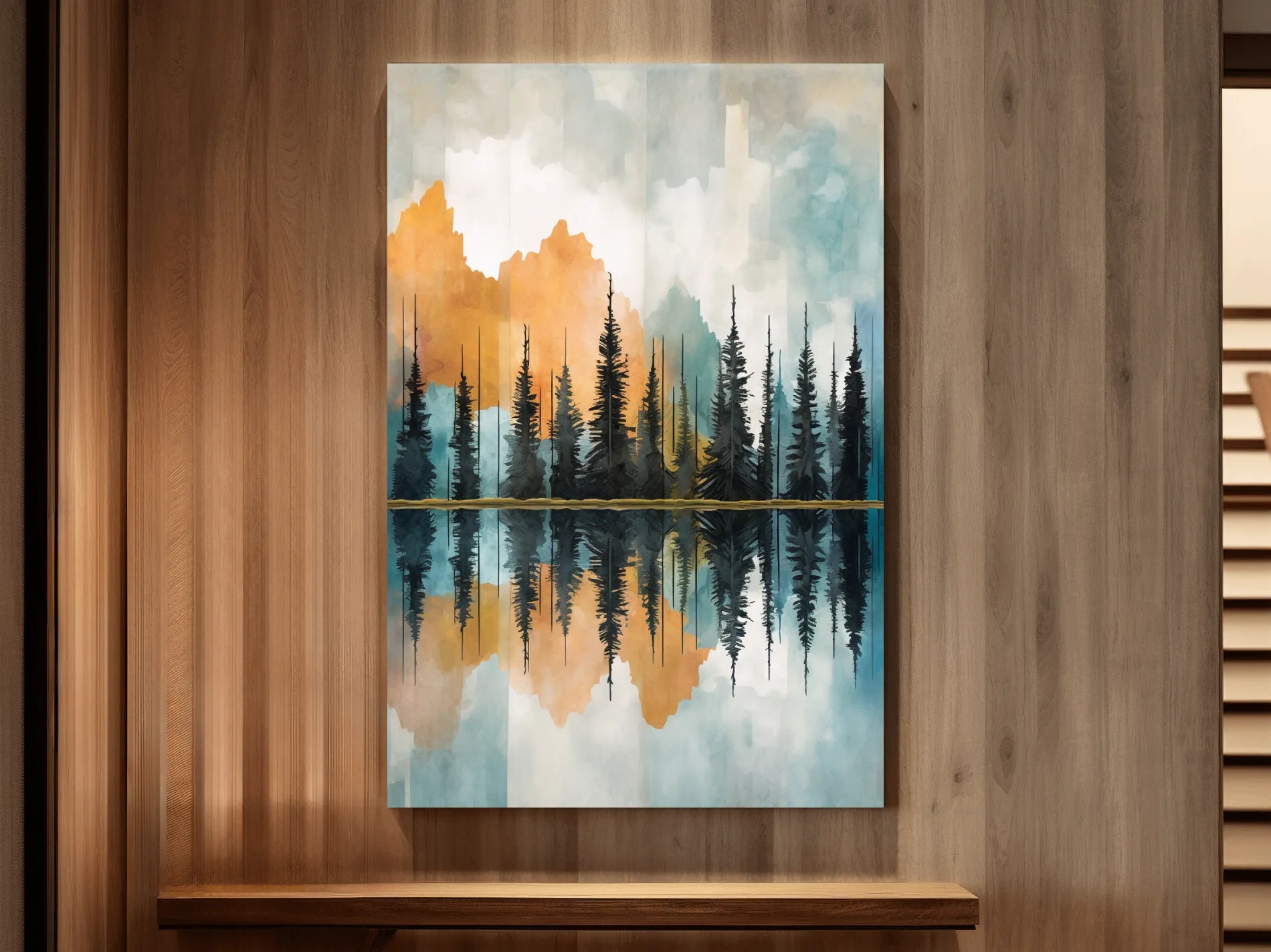 Abstract Watercolor Mountain Lake Reflection - Alpine Forest Landscape Artwork