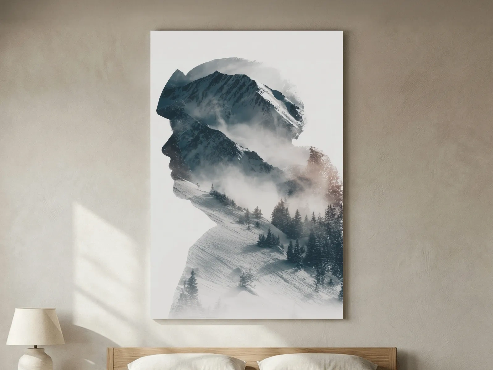 Surreal Double Exposure Skier & Mountain Portrait - Moody Misty Alpine Forest Wall Art