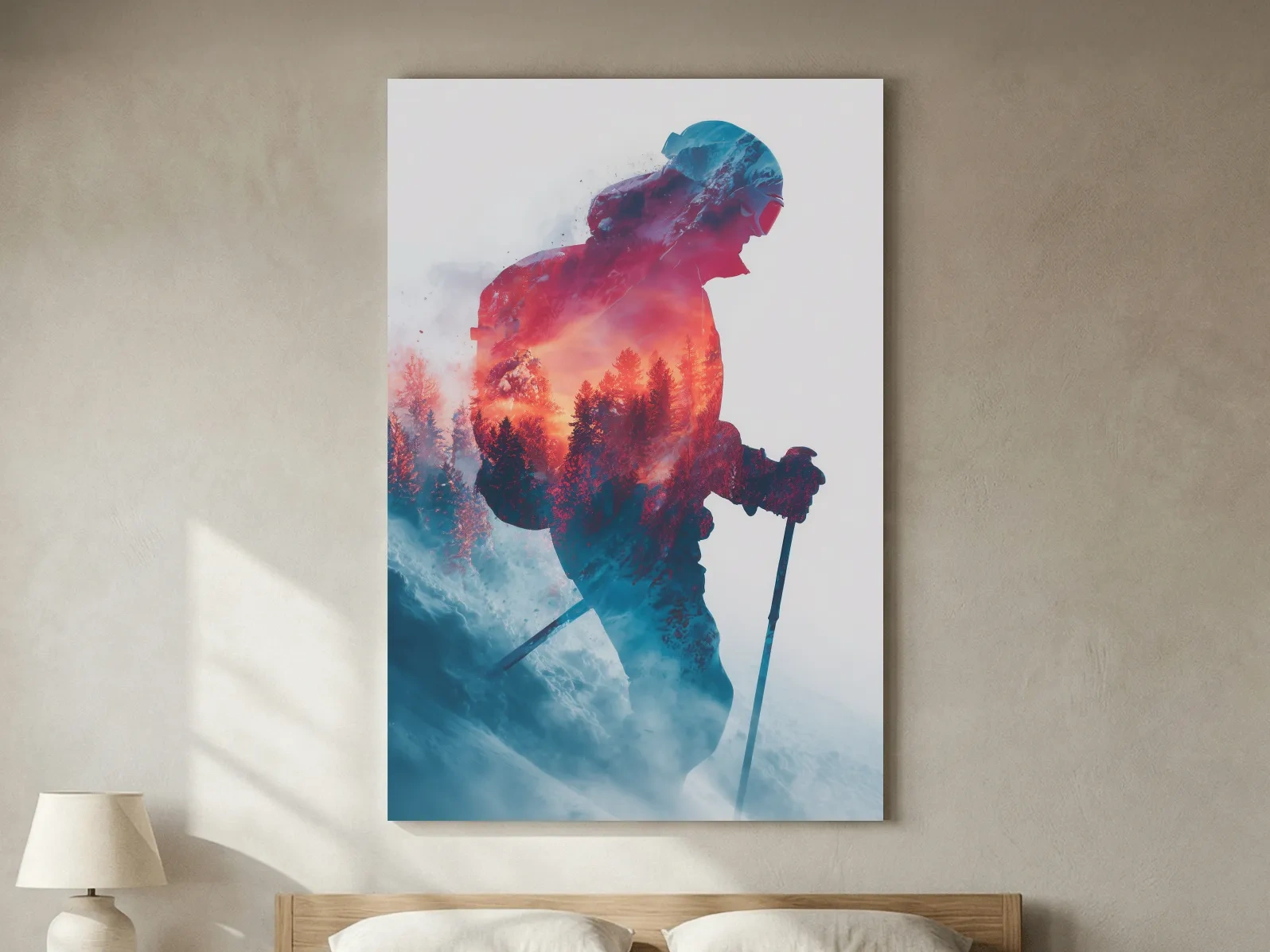 Double Exposure Skiier Silhouette Forest Sunset - Adventure Mountain Landscape Artwork