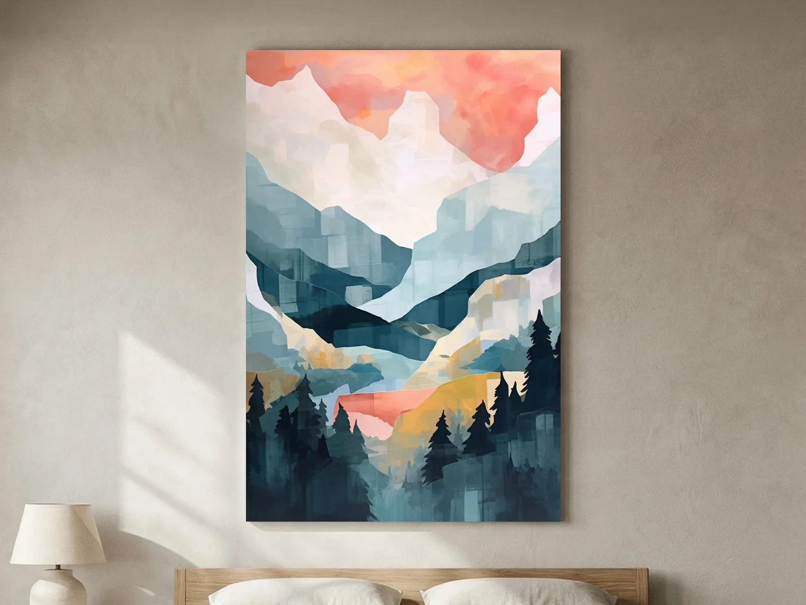 Abstract Watercolor Alpine Mountains At Sunrise - Modern Forest Landscape Artwork