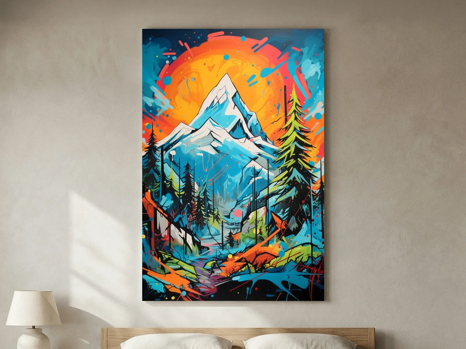 Vibrant Abstract Mountain Sunset Graffitti Painting - Colorful Pop Art Alpine Wall Art