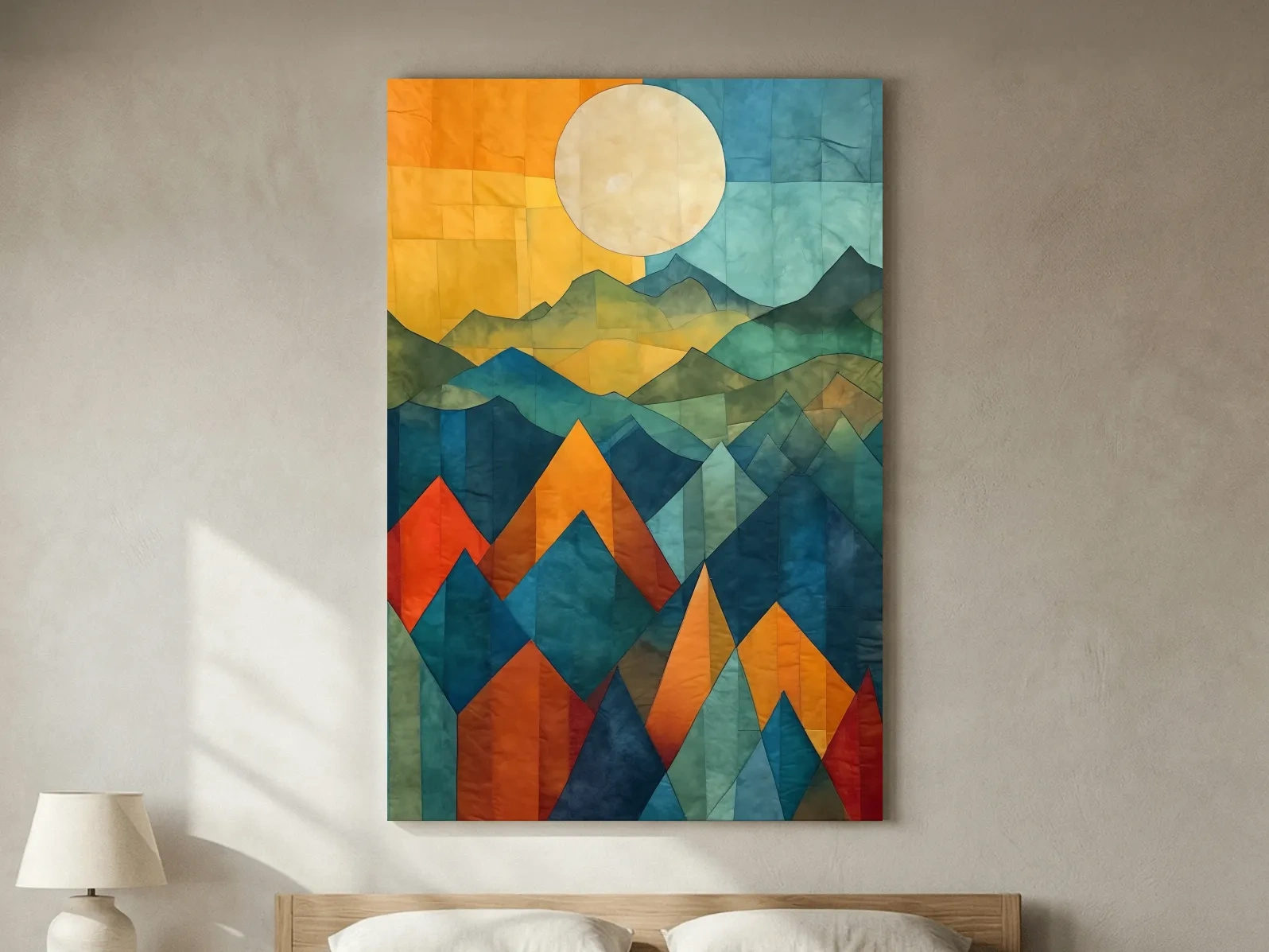 Geometric Patchwork Sunlit Mountain Range Painting - Colorful Abstract Alpine Wall Art