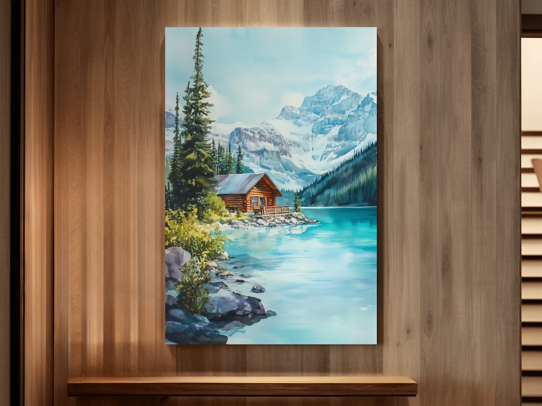 Turquoise Alpine Lake Cabin Watercolor - Serene Snowy Mountain Wall Art