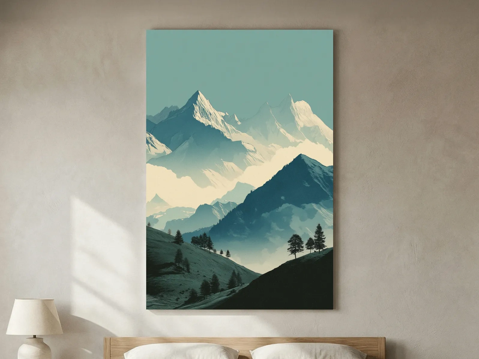 Misty Alpine Mountain Peaks Illustration - Serene Landscape Wall Art