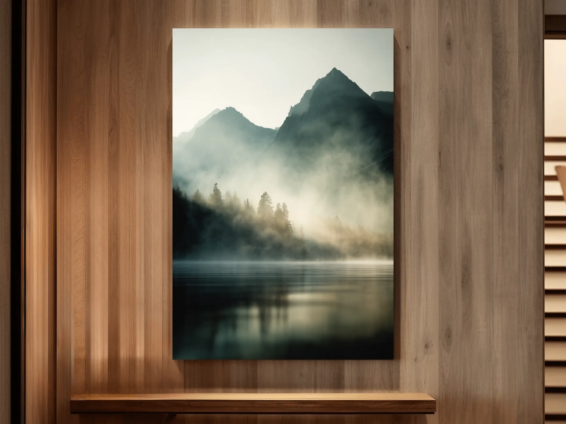 Moody Misty Mountain Lake Landscape - Serene Foggy Pine Forest Wall Art