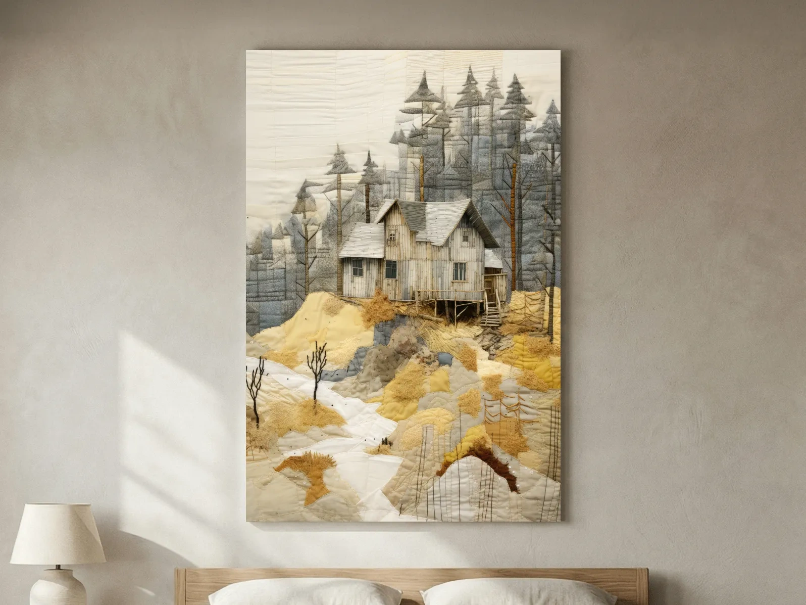 Rustic Woodland Cabin Landscape Quilt Art - Patchwork Style Mixed Media Wall Art