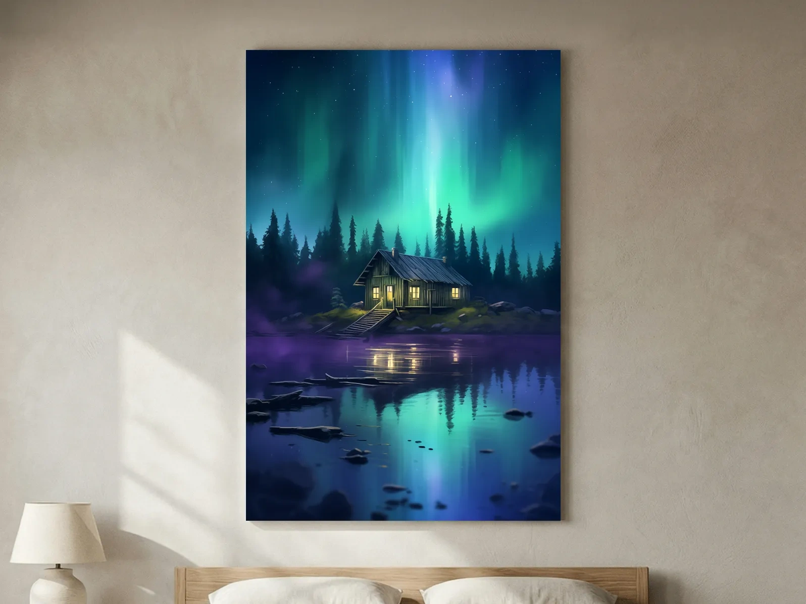 Vibrant Northern Lights Cabin Lake Painting - Aurora Borealis Night Wall Art