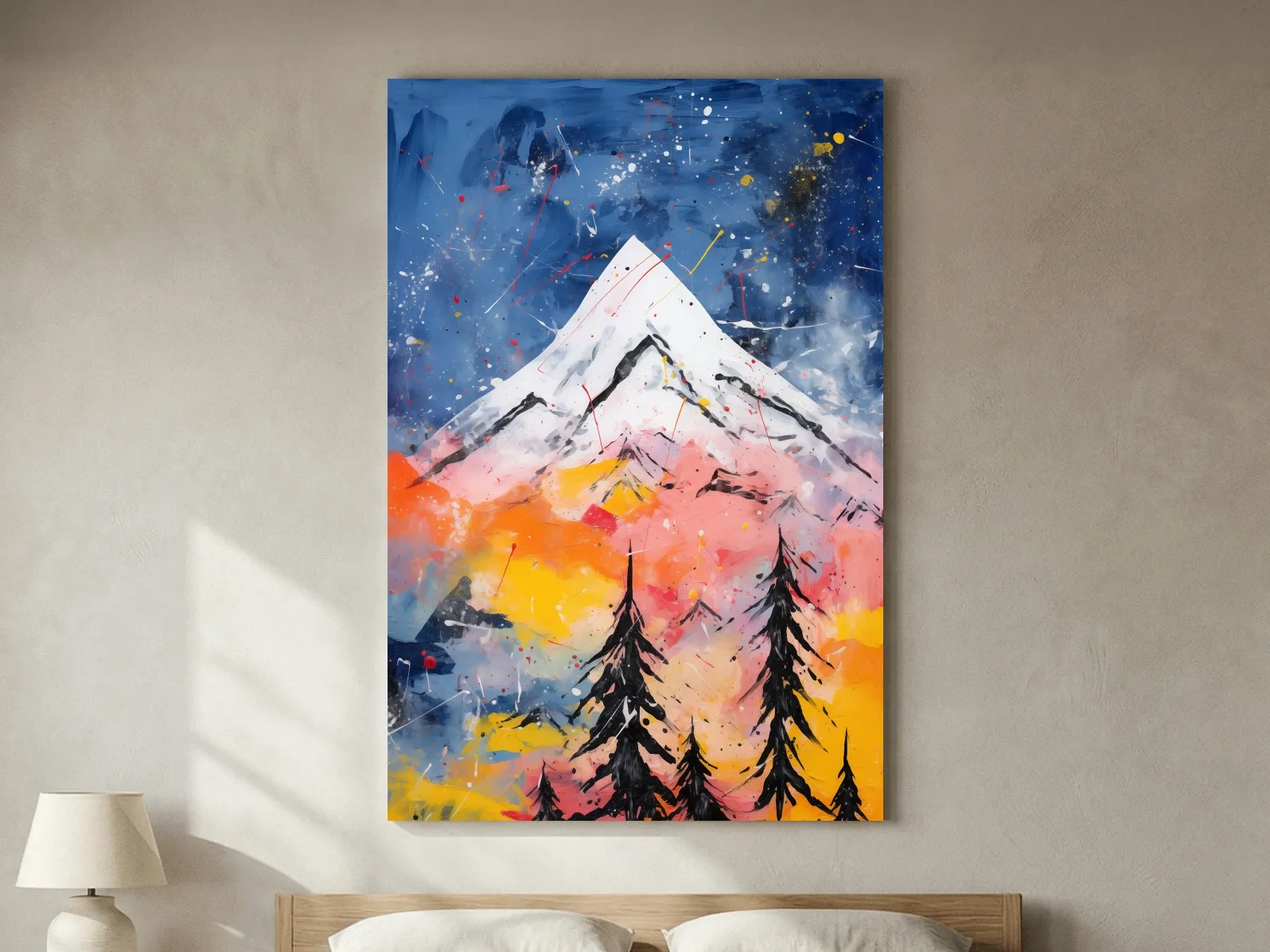 Vibrant Abstract Mountain Peak Sunset Painting - Colorful Acrylic Splash Forest Wall Art