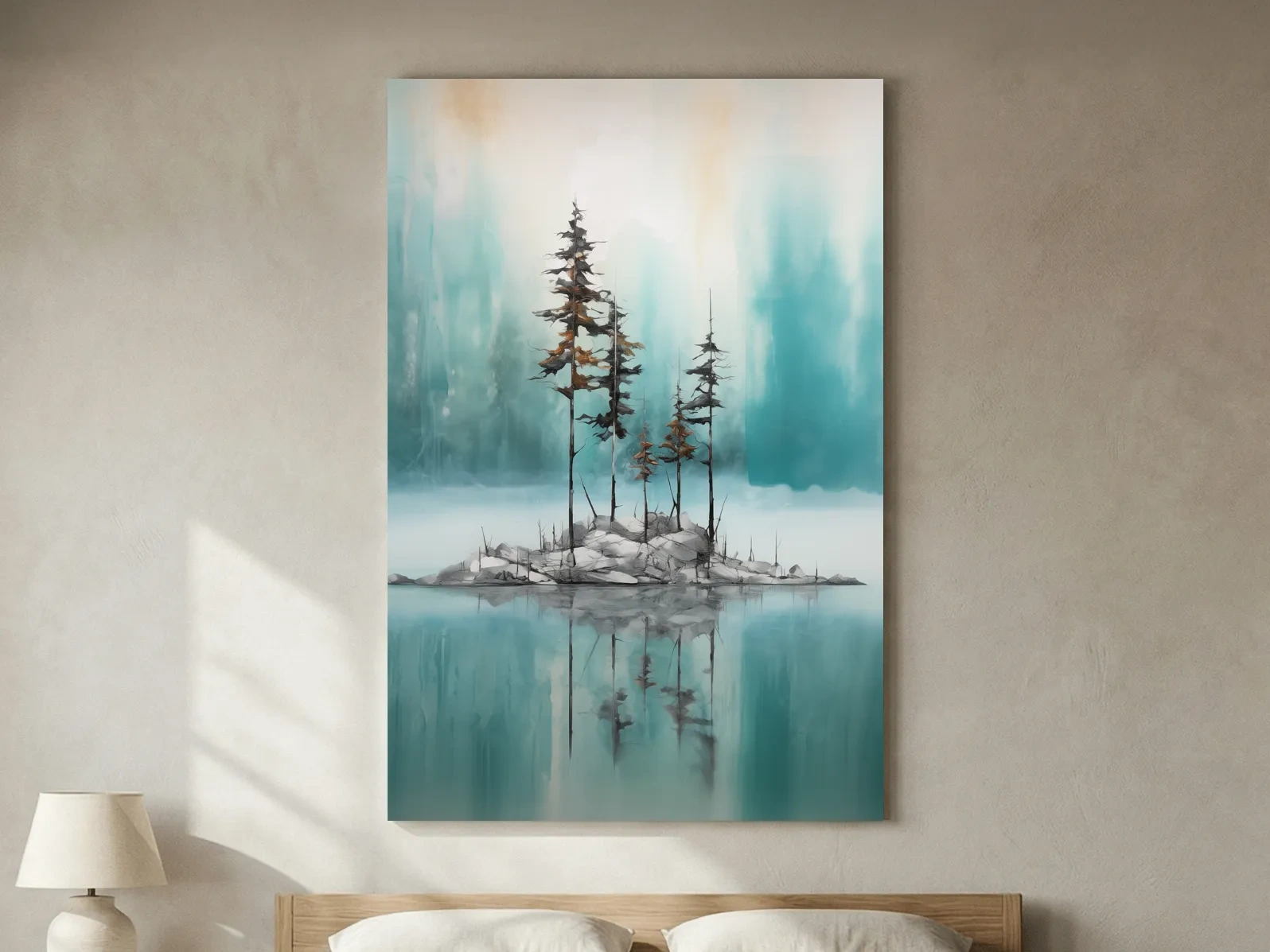 Misty Pine Trees Reflection - Watercolor Turquoise Alpine Lake Wall Art