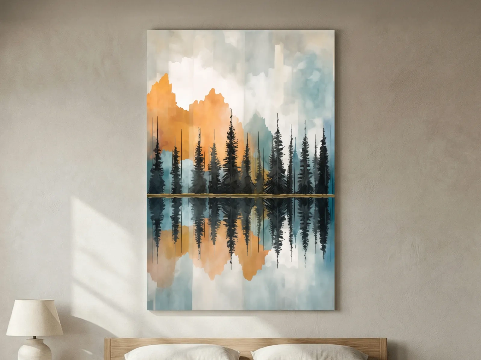 Abstract Watercolor Mountain Lake Reflection - Alpine Forest Landscape Artwork