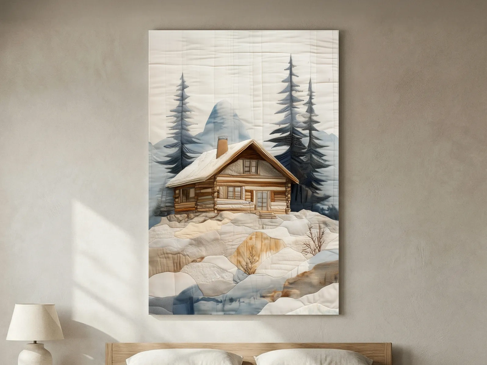 Rustic Winter Cabin In Snowy Pines - Textured Patchwork Fabric Effect Wall Art